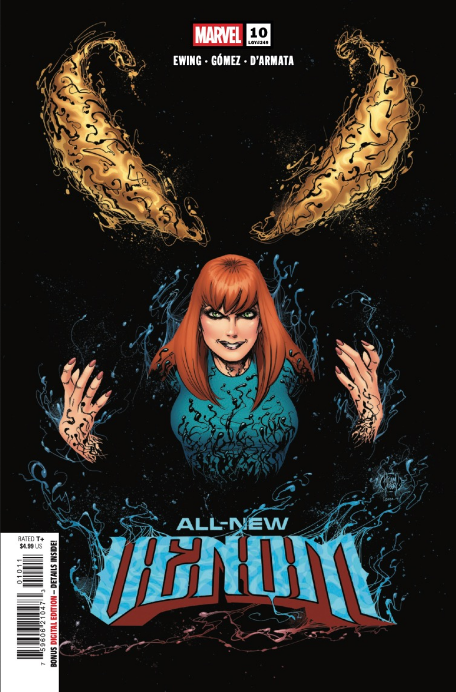 The cover for ALL-NEW VENOM #10 by Adam Kubert, showing MJ looking a little shady as she emerges from a giant wall of Venom goo.