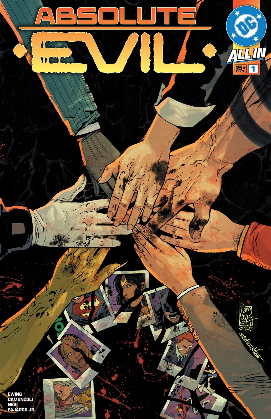 The cover of ABSOLUTE EVIL #1 by Giuseppe Camuncoli and Stefano Nesi, showing the hands of all the Absolute Universe main villains joined over a bloodstained table covered with torn photographs of the heroes. They're making a pact of some kind.