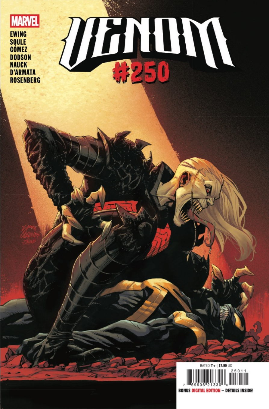 The cover for VENOM #250 by Ryan Stegman, showing Knull pinning the All-New Venom to the ground and hissing like an evil snake.