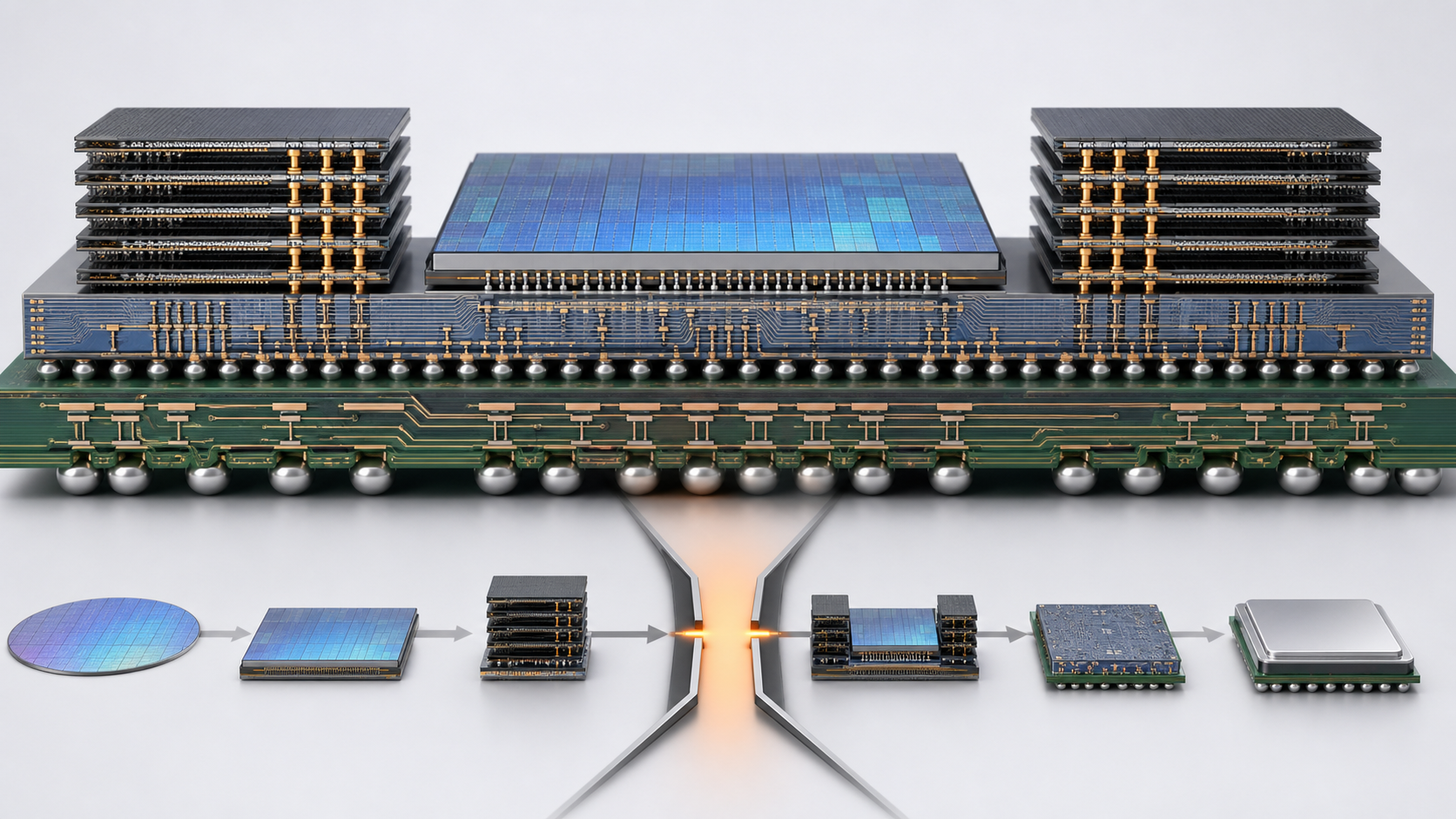 GPU 다이와 HBM 스택, 실리콘 인터포저, 패키지 조립 병목을 보여주는 CoWoS 기술 비주얼