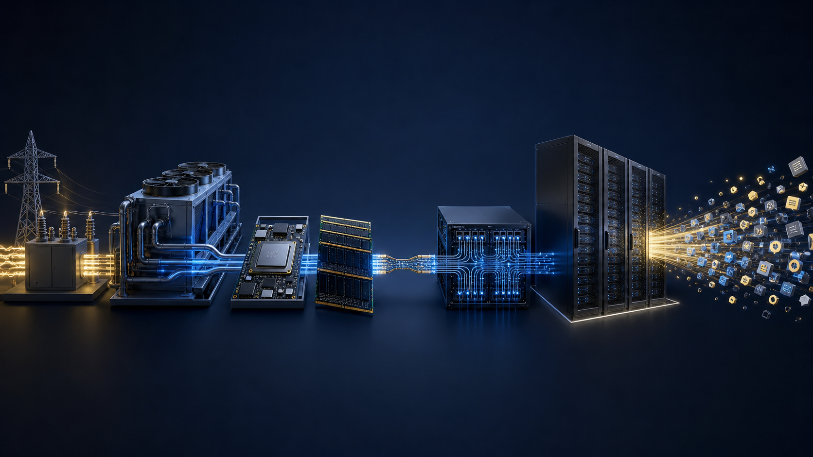 전력, 냉각, CPU, HBM, 네트워크, GPU 랙과 AI 토큰이 직렬로 연결된 네오클라우드 병목 이미지