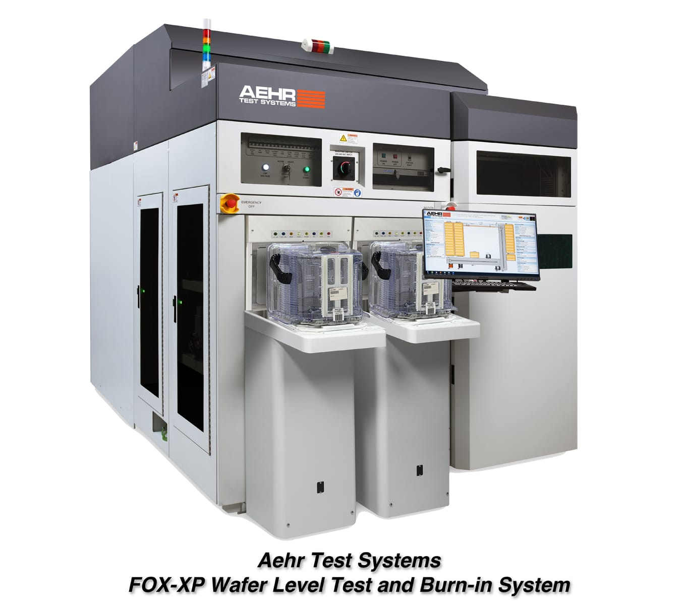 두 개의 FOUP 인터페이스를 갖춘 Aehr FOX-XP 웨이퍼 레벨 테스트 번인 시스템과 통합형 WaferPak AutoAligner