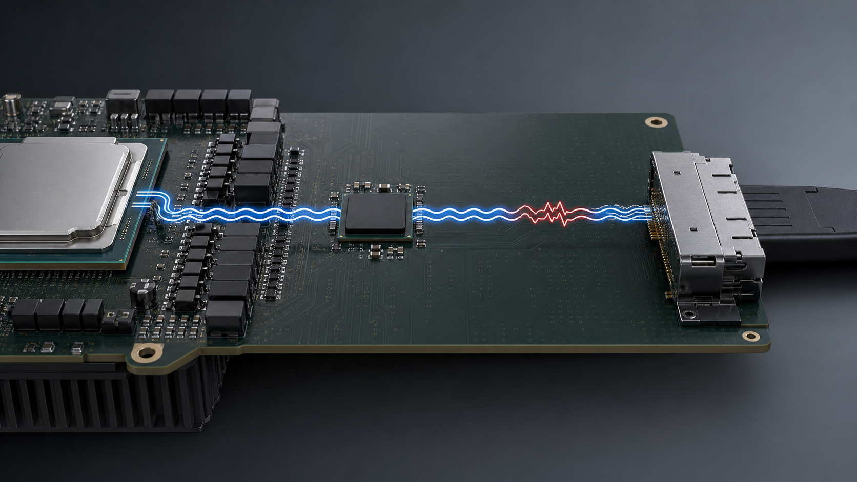 PCIe 8.0 서버 보드에서 프로세서와 리타이머, 커넥터를 잇는 채널을 보여주는 기술 비주얼