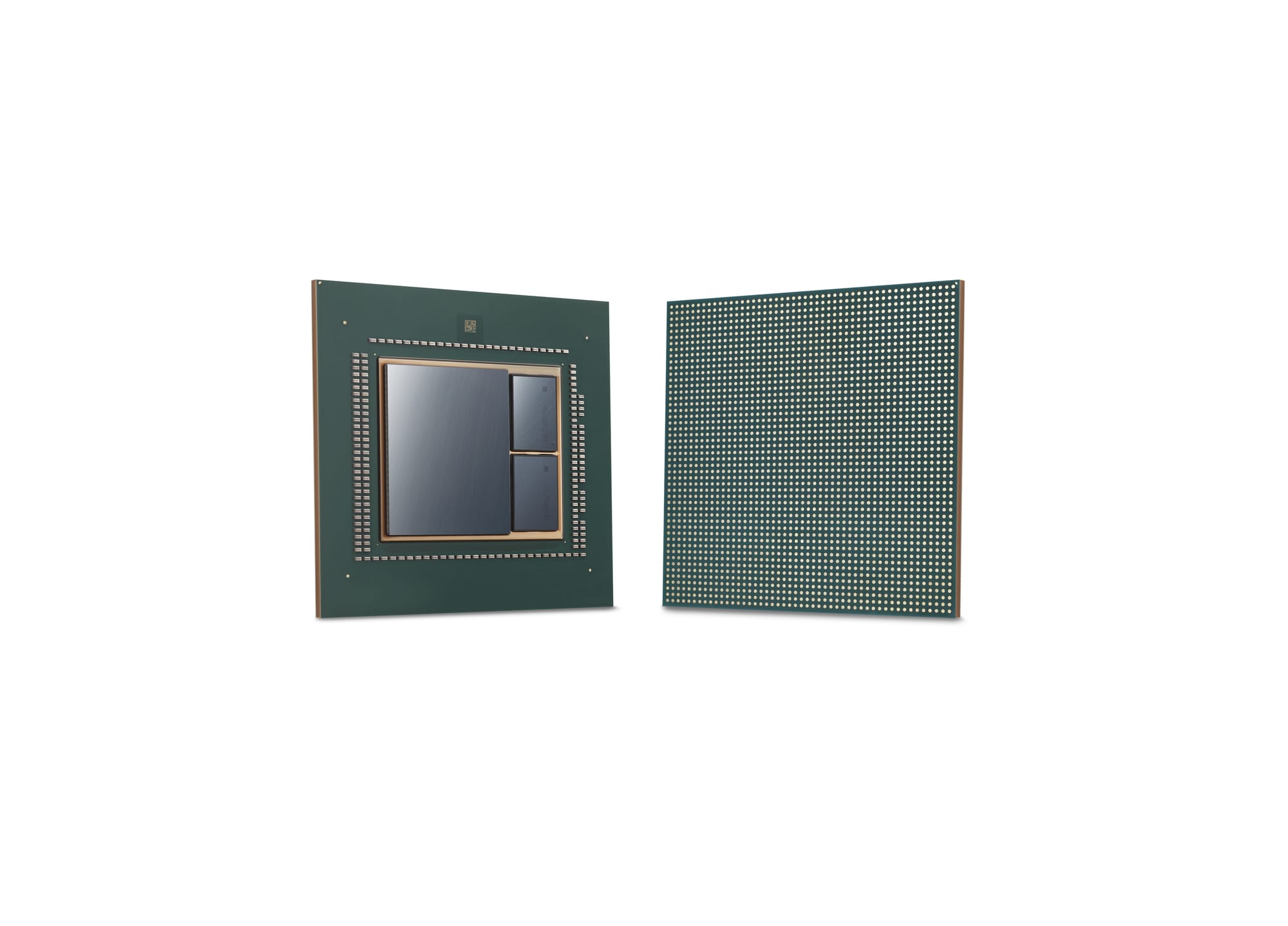 Front and back views of the Baidu Kunlun AI accelerator package