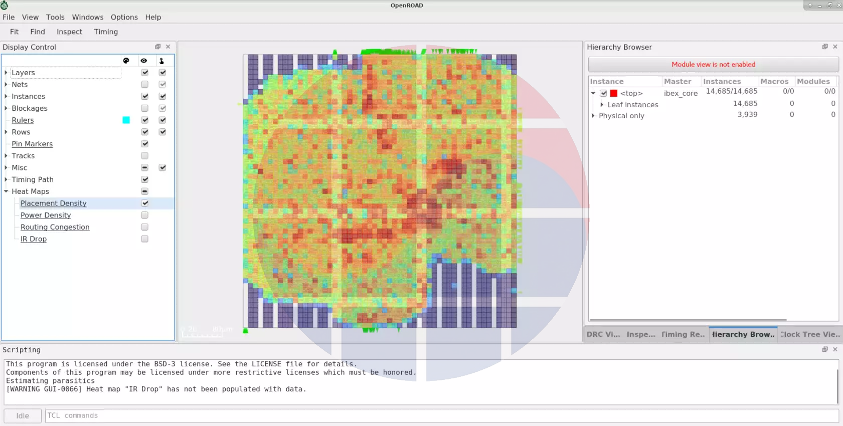 Official OpenROAD GUI with Placement Density selected and Routing Congestion unselected.