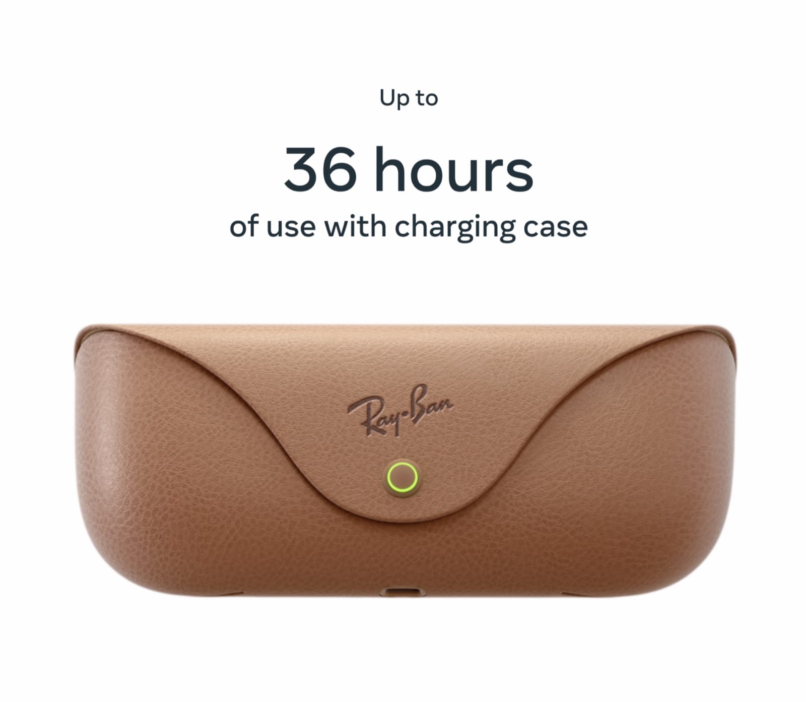 The Ray-Ban Meta charging case. The 36-hour figure is Meta’s launch claim including case recharges. Official product image: Meta.