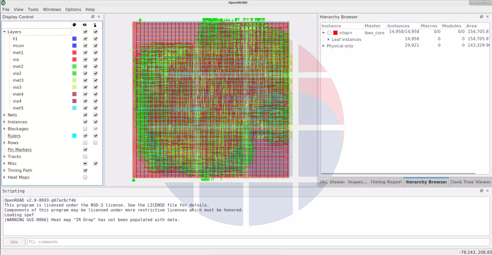 Official OpenROAD Ibex GUI shows routed connections colored by layer.