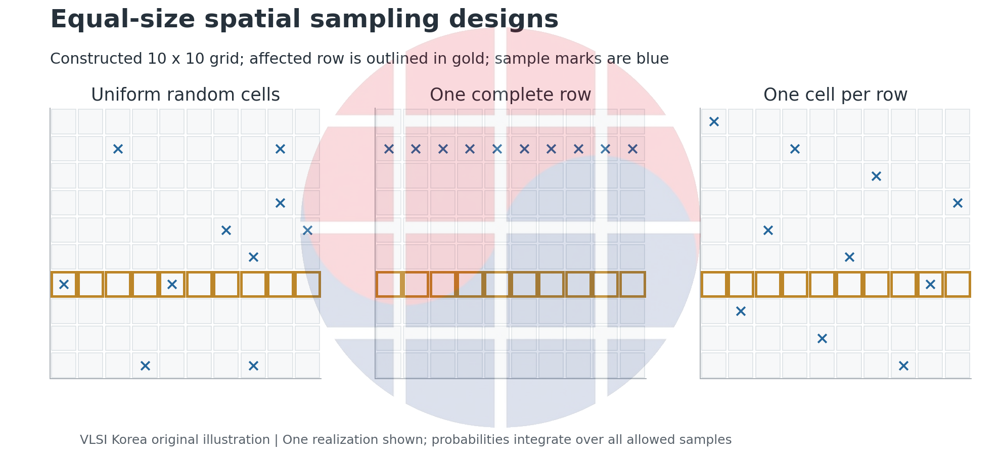 Three equal-size sampling designs are overlaid on a constructed grid with one affected row.