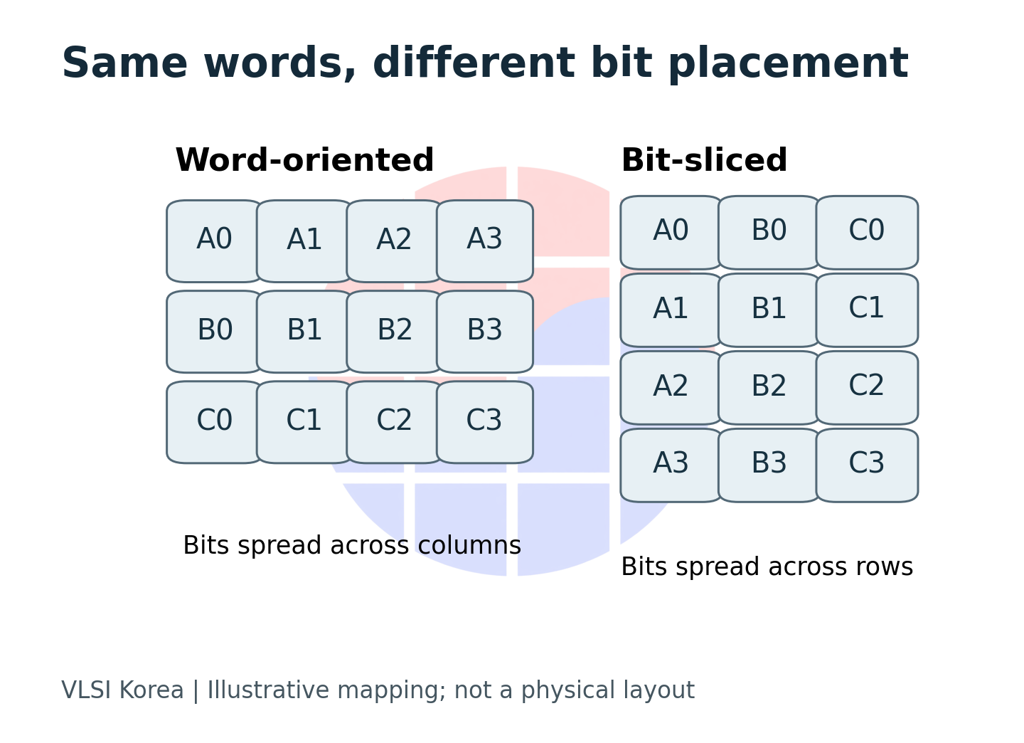 Words arranged across columns versus bits of each word arranged down rows.