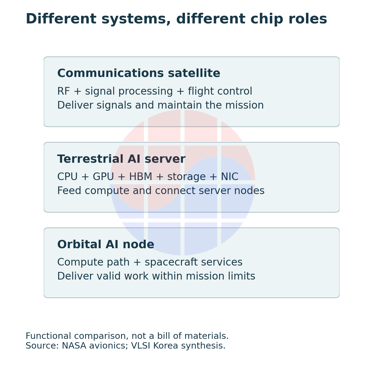 Three rows distinguish communications-satellite signal and control functions, terrestrial AI compute and networking, and orbital AI compute integrated with spacecraft services.