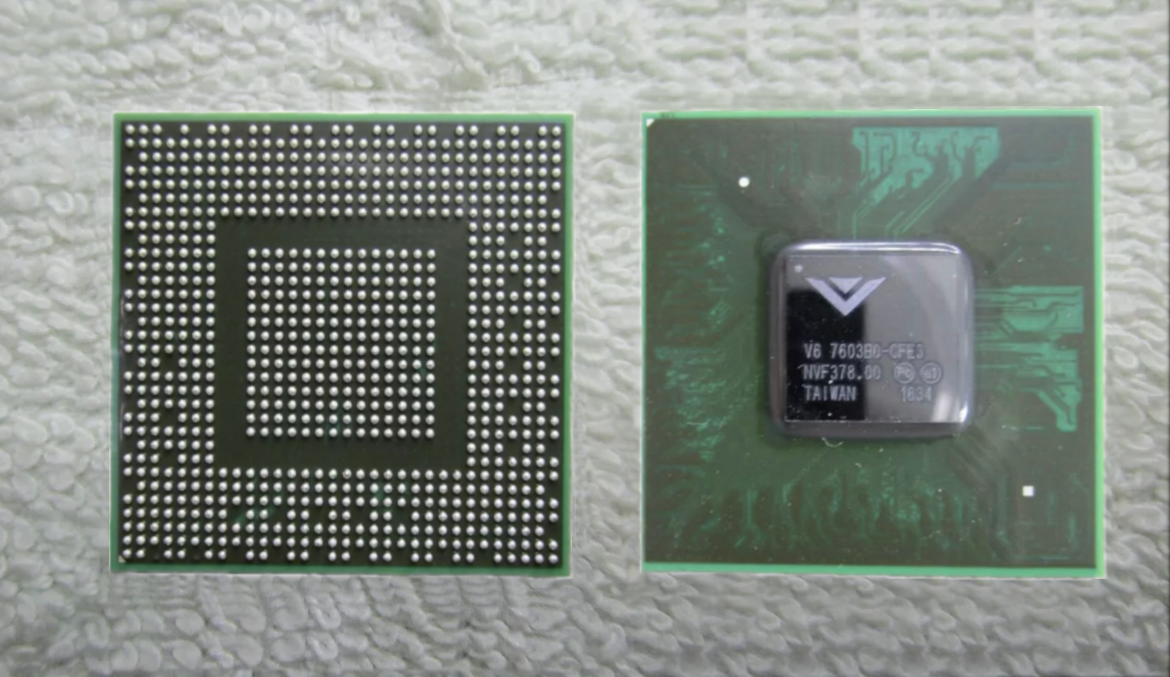 Front and solder-ball sides of an 845-ball Flip-Chip BGA system-on-chip package
