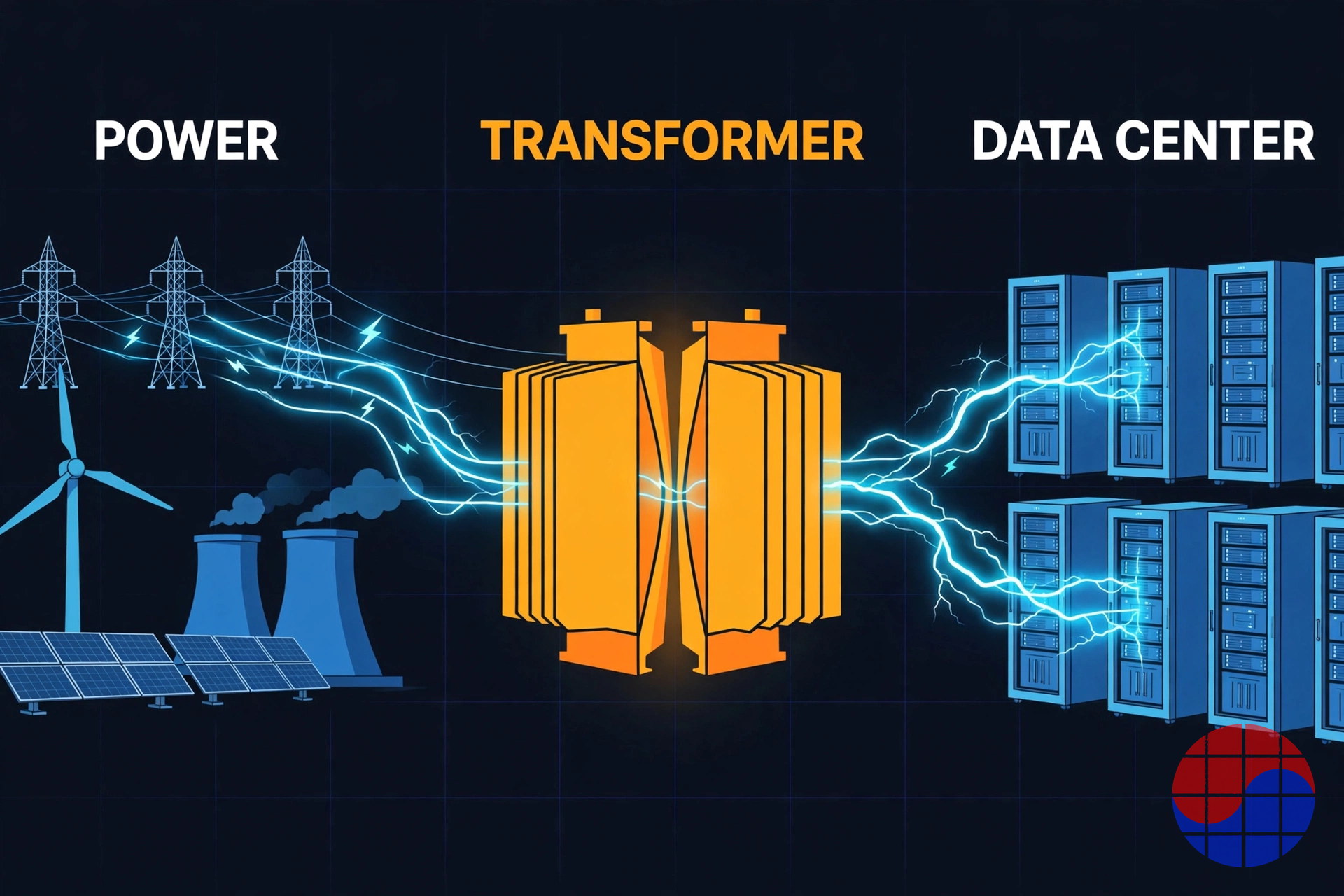 Diagram of the power supply chain from generation and transmission through a transformer to a data center, with the transformer as the bottleneck