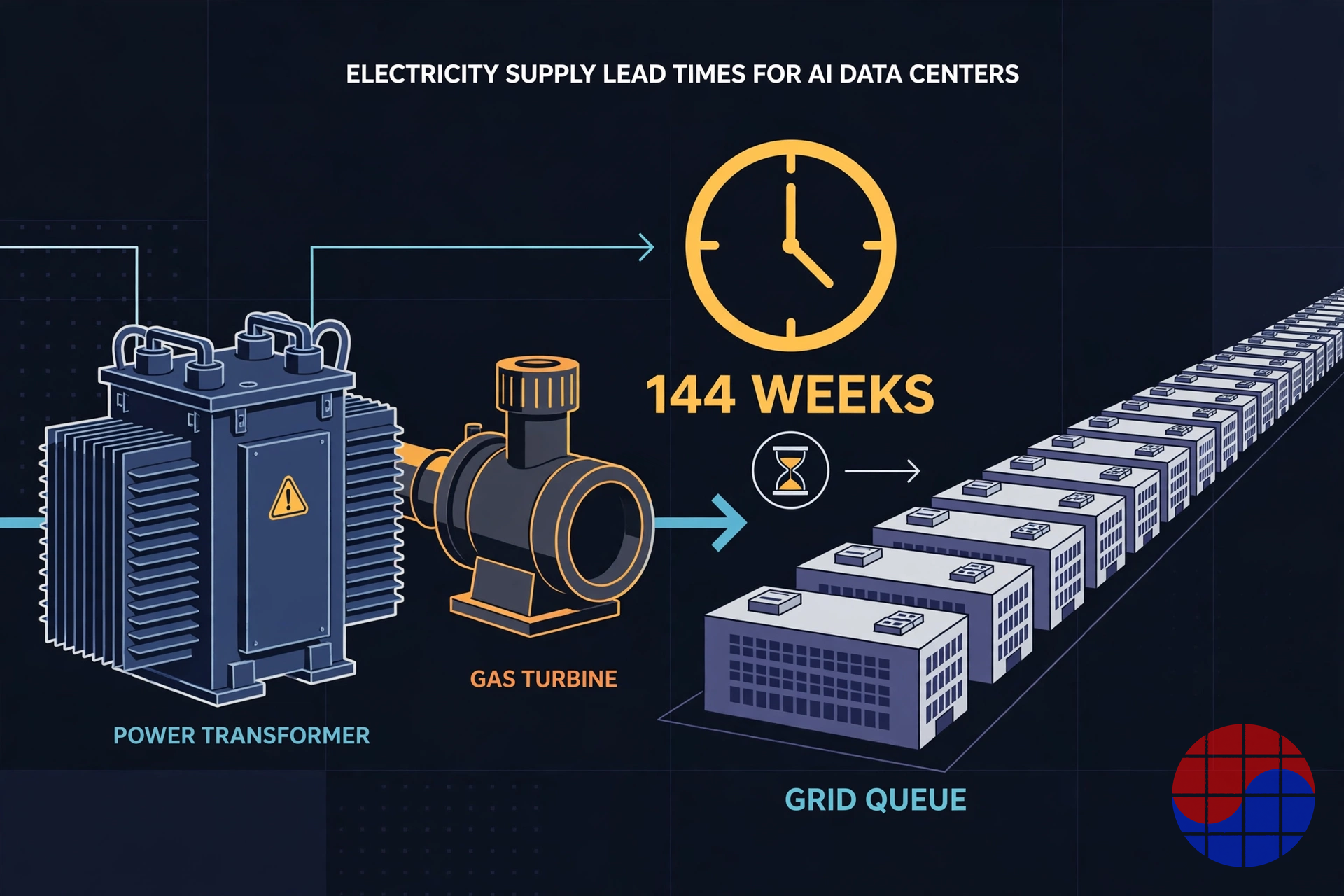 Diagram of large transformer and gas turbine lead times and the grid interconnection queue