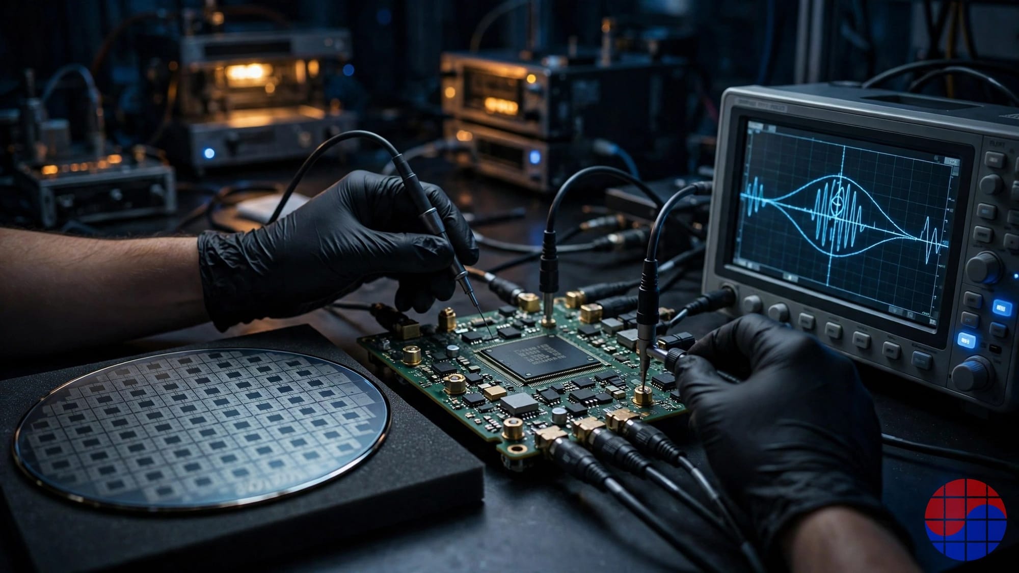 Silicon validation lab with oscilloscope and test board