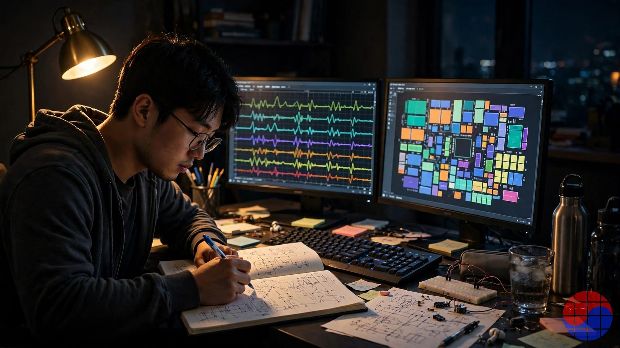 Student studying chip design with waveform and floorplan monitors