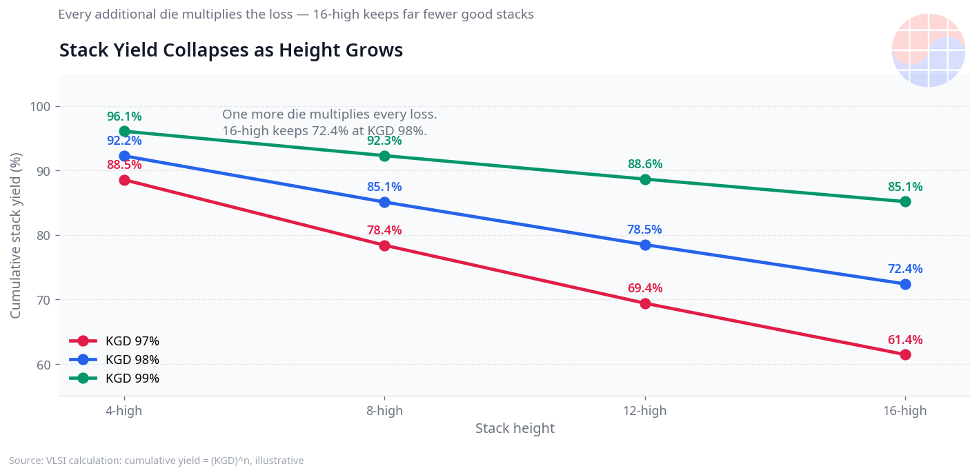 HBM cumulative stack yield curves: KGD 97/98/99% scenarios from 4-high to 16-high