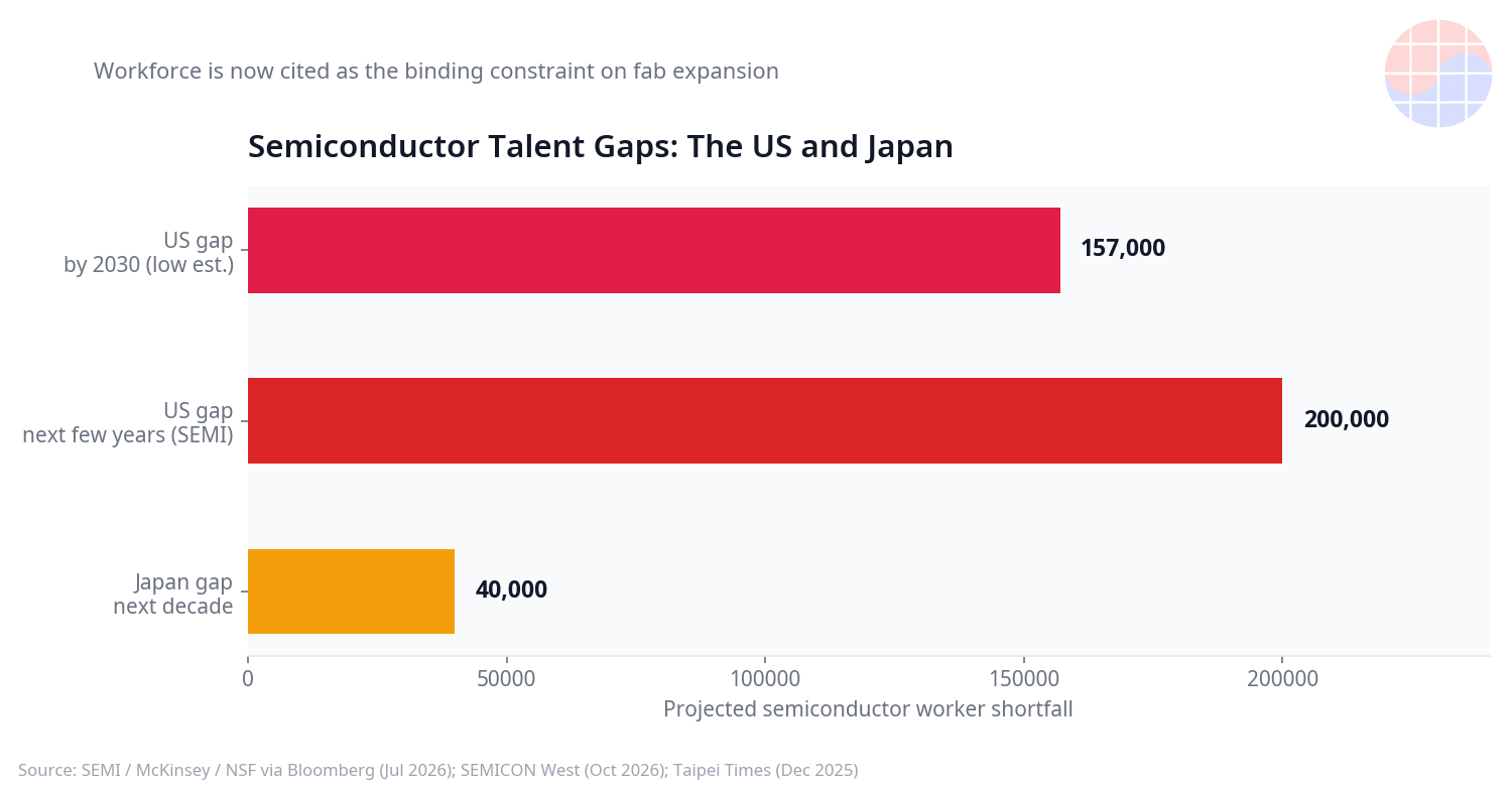 Bar chart of projected semiconductor talent gaps in the US and Japan