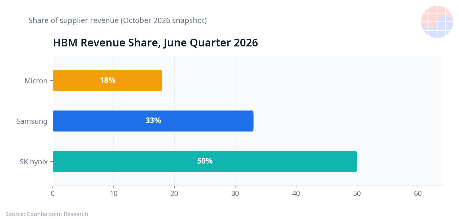 Q2 2026 HBM revenue share: SK hynix 50%, Samsung Electronics 33%, Micron 18%