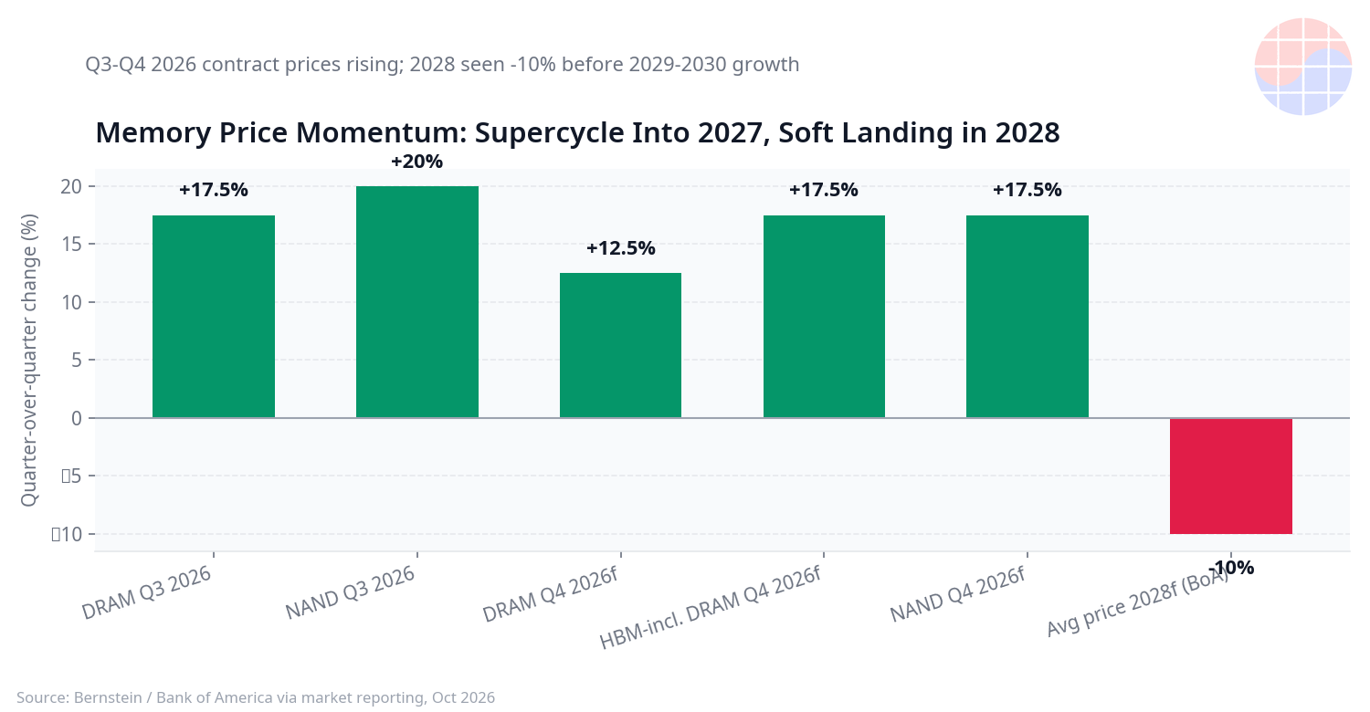 Bar chart of quarterly memory price changes in 2026 and 2028 forecast