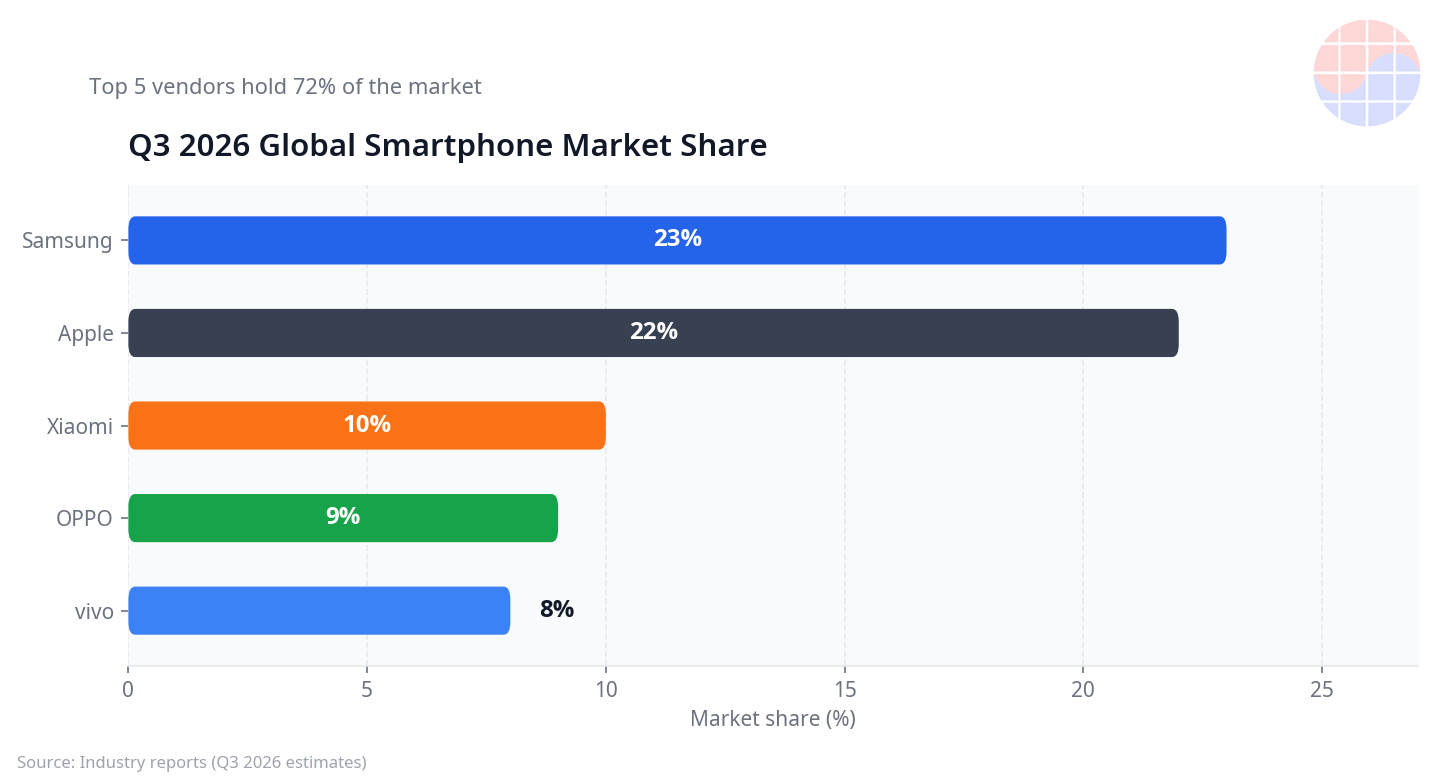 2026 年第 3 季度全球智能手机份额柱状图：Samsung 23%、Apple 22%、Xiaomi 10%、OPPO 9%、vivo 8%