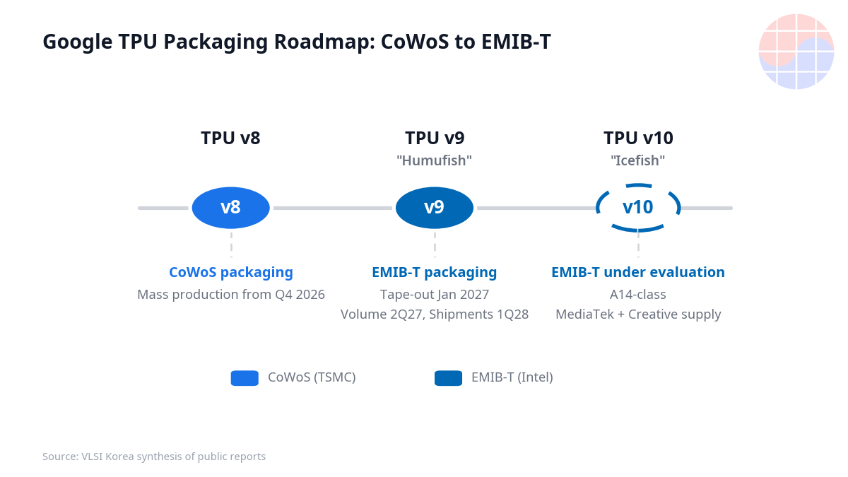 Google TPU generation roadmap timeline: v8 CoWoS mass production Q4 2026, v9 Humufish EMIB-T tape-out Jan 2027, v10 Icefish A14-class evaluating EMIB-T