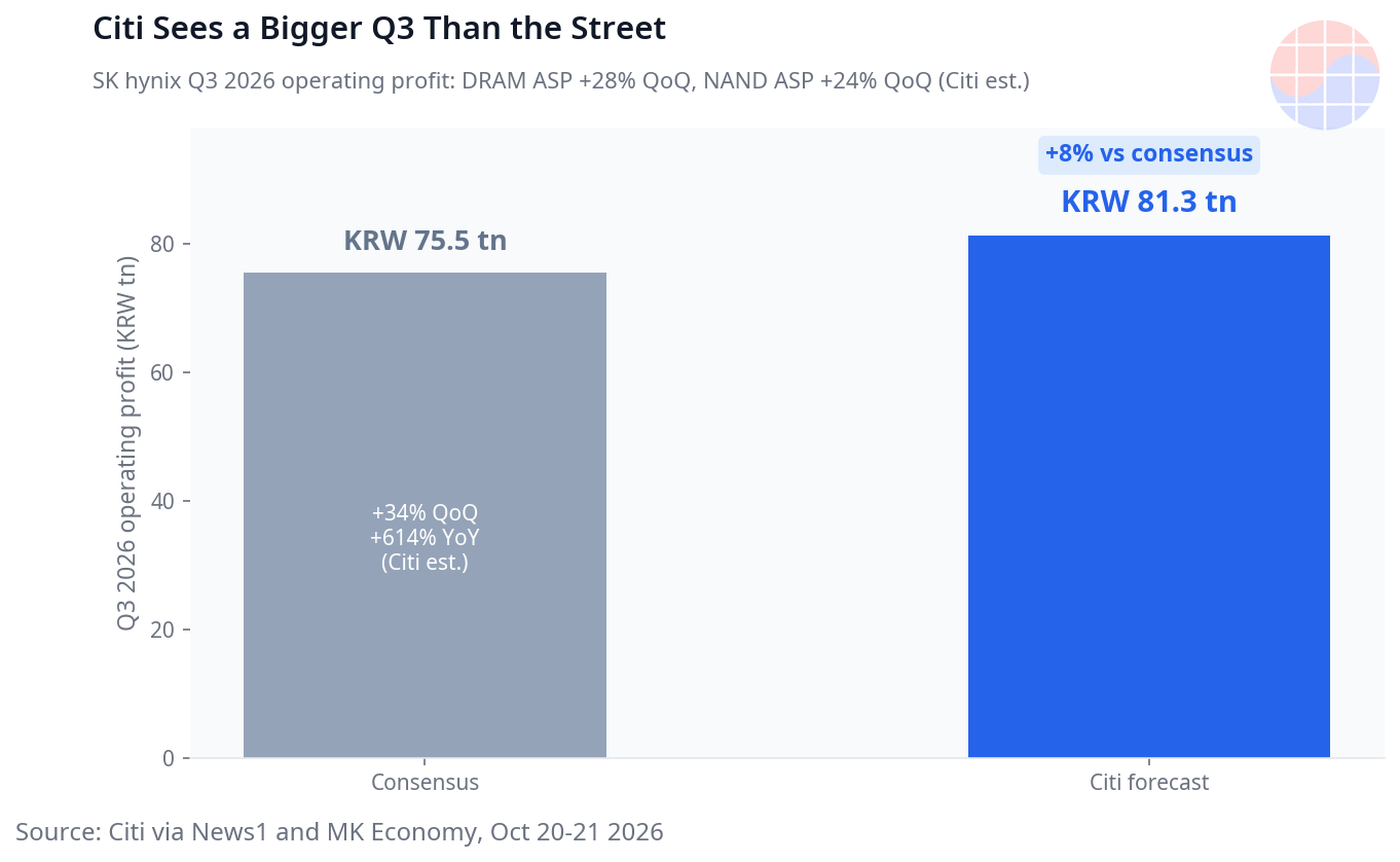 SK hynix Q3 2026 operating profit: consensus KRW 75.5 trillion vs Citi forecast KRW 81.3 trillion (+8%), with DRAM ASP +28% QoQ and NAND ASP +24% QoQ (Citi via News1 and BigGo Finance, Oct 20 2026).