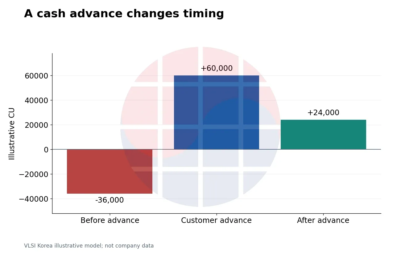 A cash advance changes timing. Base case. An assumed 60,000 CU advance is fully offset against later invoices. Revenue and EBIT are unchanged.