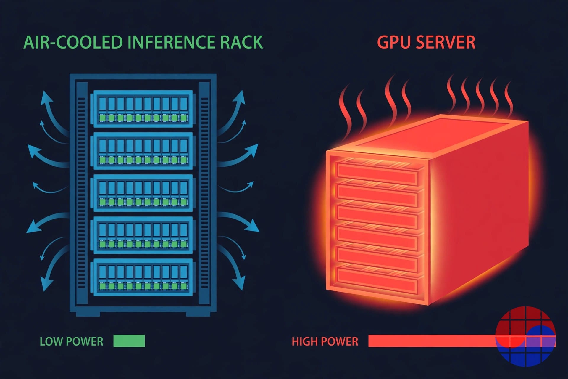 공랭식 RNGD 추론 랙과 고전력 GPU 서버 비교