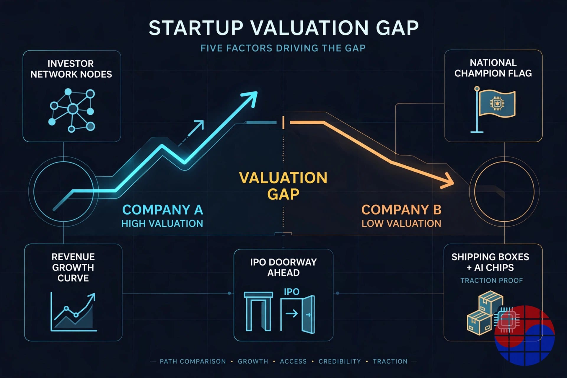 Diagram of the five variables that build the valuation gap between the two companies