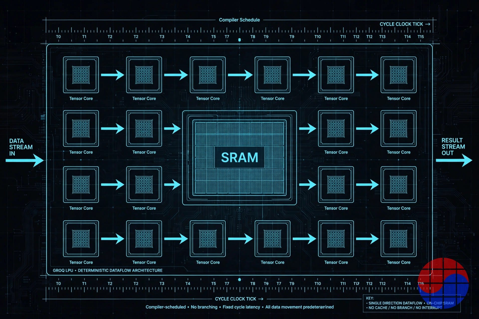 Groq LPU deterministic dataflow diagram — compiler-scheduled tensor cores around on-chip SRAM