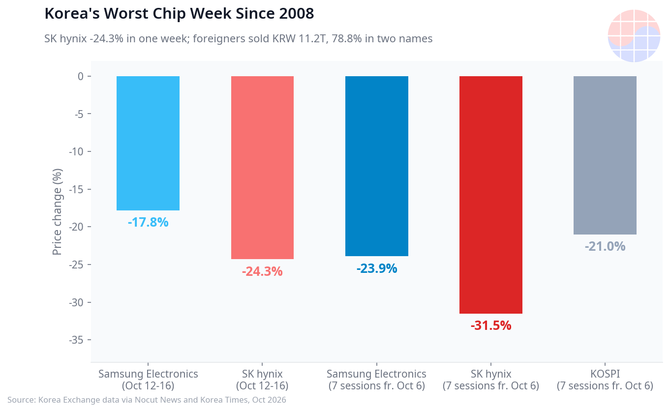 Korea's worst chip week since 2008: Samsung Electronics -17.8% and SK hynix -24.3% in the week of Oct 12-16; foreigners net sold KRW 11.2 trillion, 78.8% of it in the two names (Korea Exchange via secondary coverage).