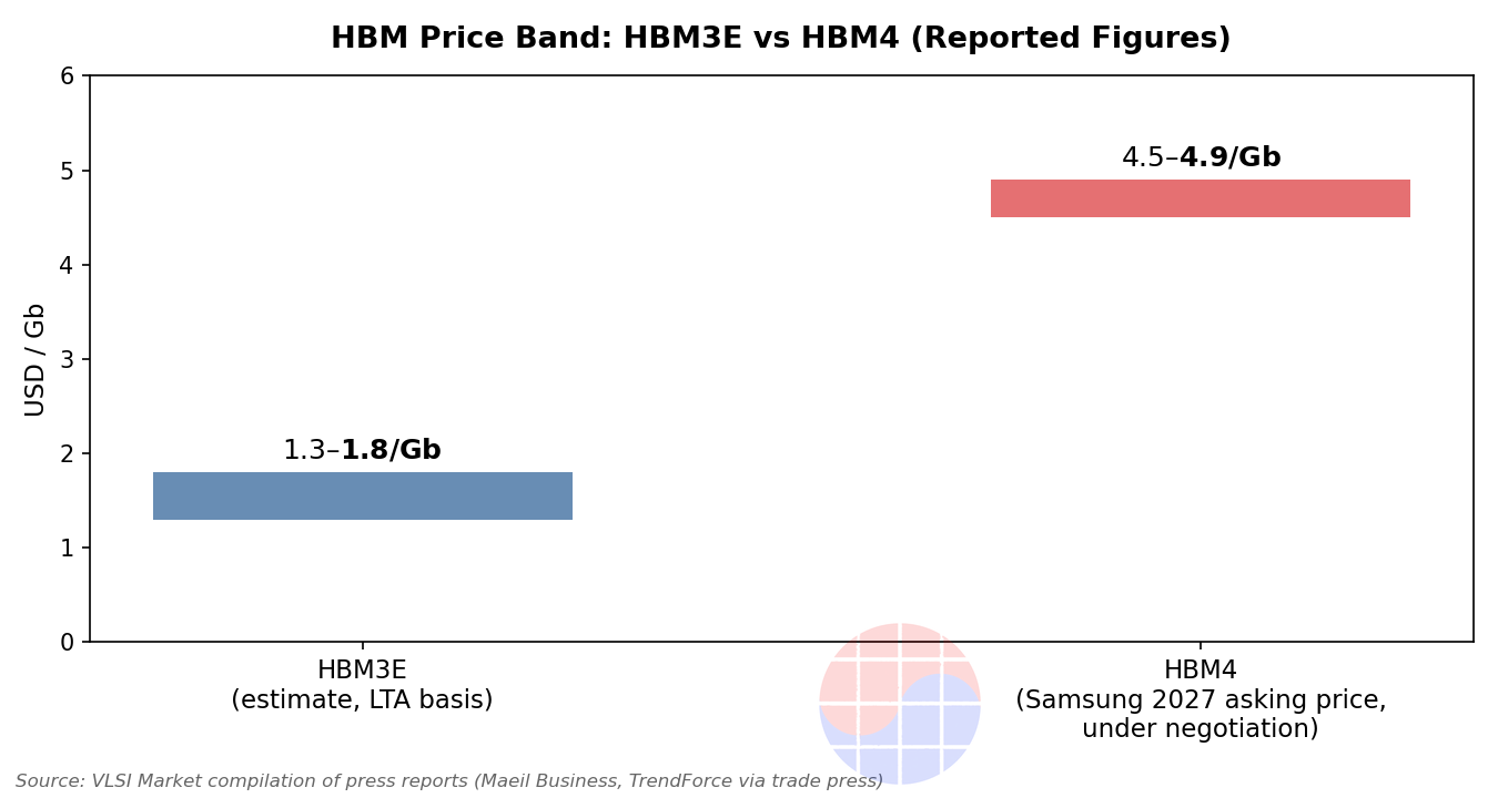 HBM 가격 밴드 차트: HBM3E는 Gb당 1.3~1.8달러(장기계약 기준 추정치), HBM4는 Gb당 4.5~4.9달러(삼성이 2027년 연간 계약에 제시한 가격, 협상 중) — 보도된 수치를 Gb 단위로 정리한 VLSI Market 차트