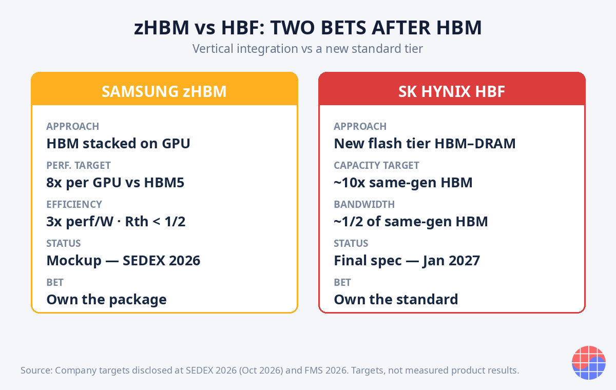 zHBM과 HBF 비교 차트: 접근 방식, 목표 성능과 용량, 일정 비교
