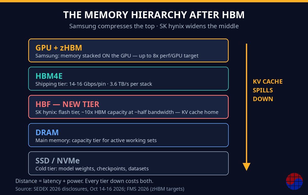HBM 이후 메모리 계층도: zHBM은 GPU 위 적층으로 최상위를 압축하고 HBF는 HBM과 DRAM 사이에 새 계층을 추가한다