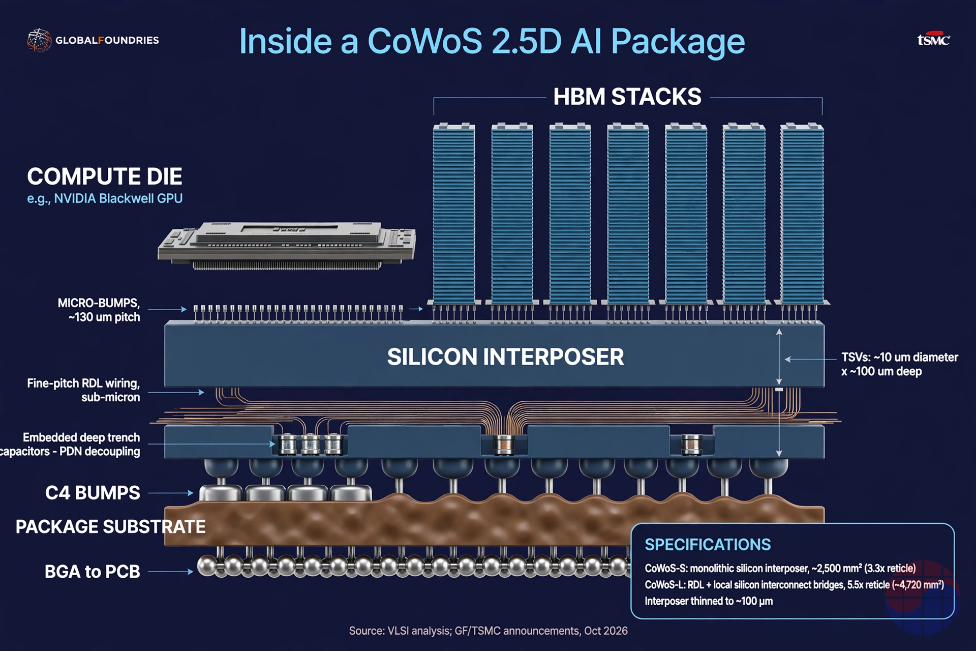 CoWoS 2.5D package cross-section diagram