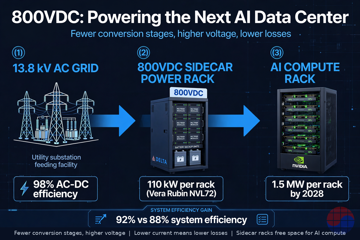 800VDC power architecture diagram from 13.8 kV AC grid to the AI compute rack via sidecar power conversion