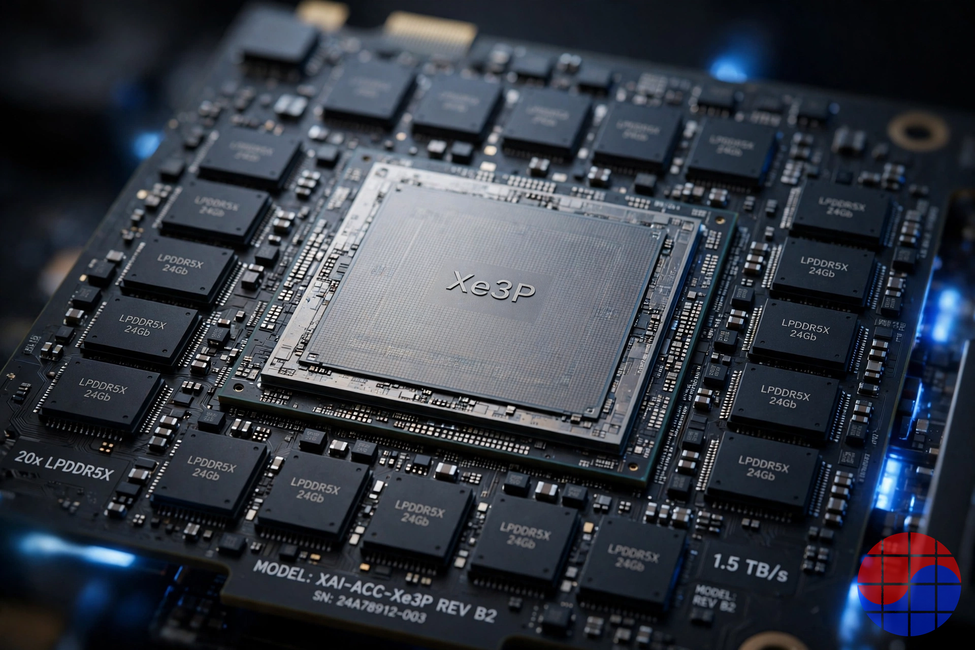 Twenty LPDDR5X packages surrounding a central Xe3P GPU die