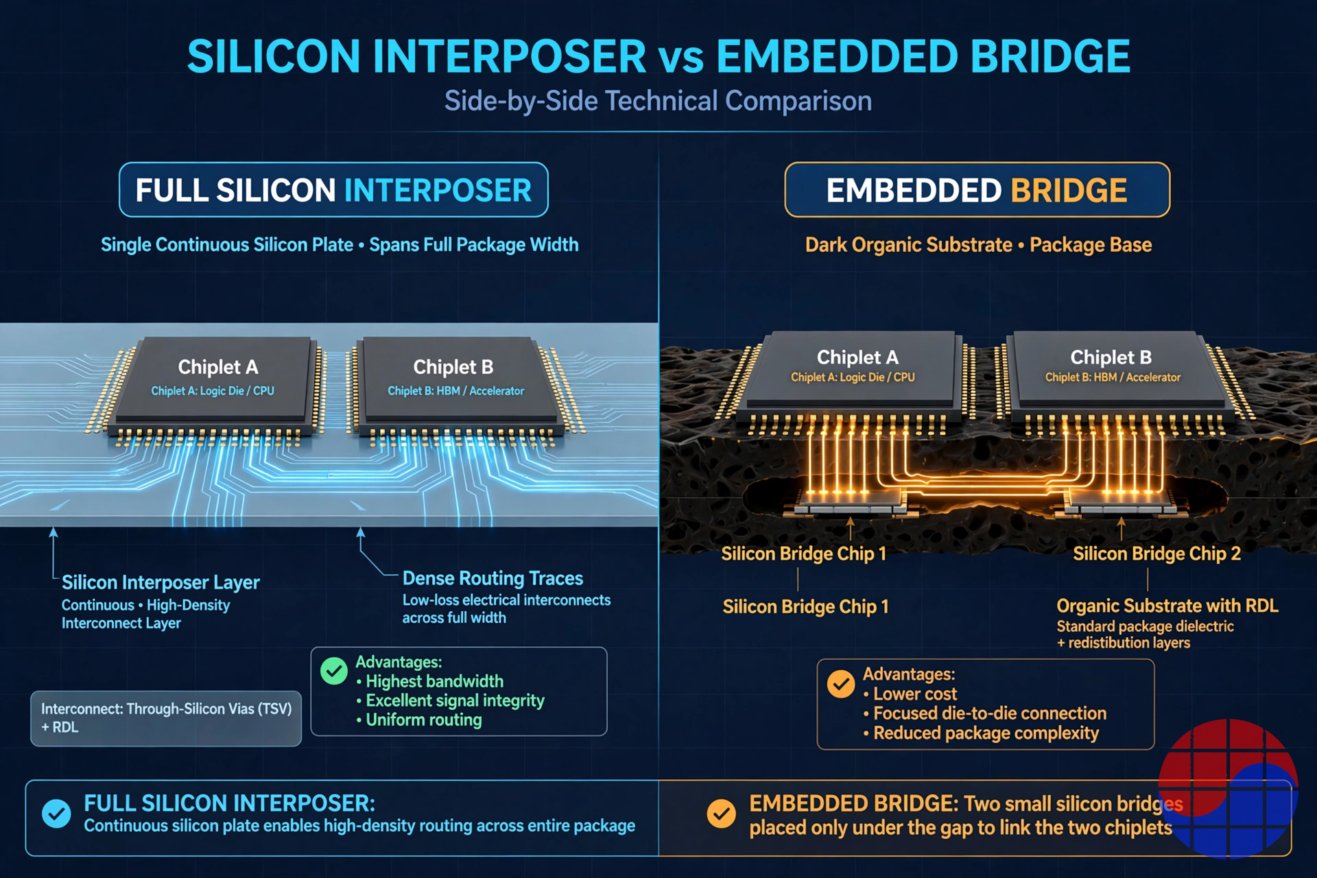 Full silicon interposer versus embedded bridge: the interposer pays for a full-width silicon plate, while bridge-class approaches put dense wiring only where dies meet