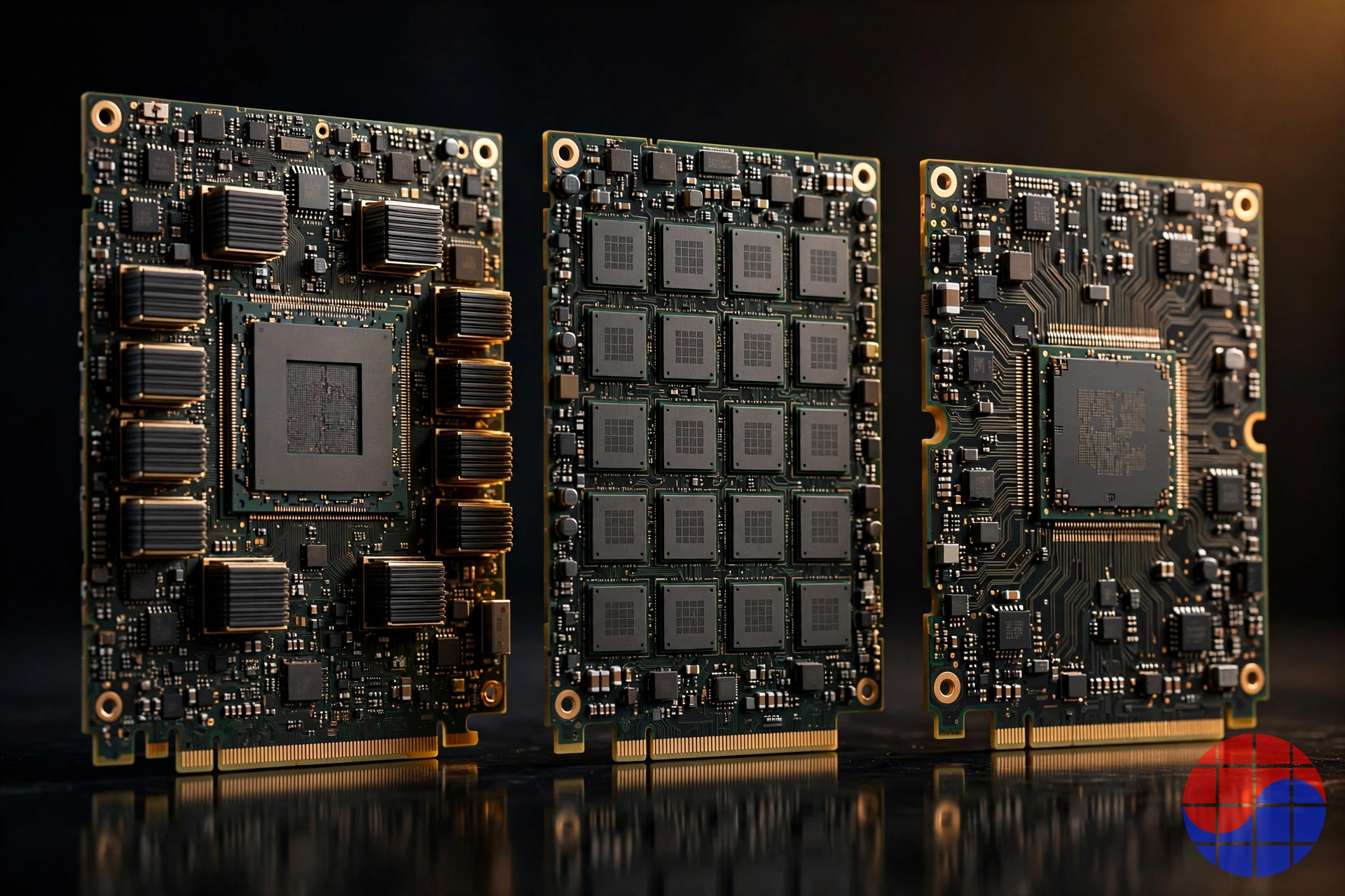 Three different AI accelerator boards side by side