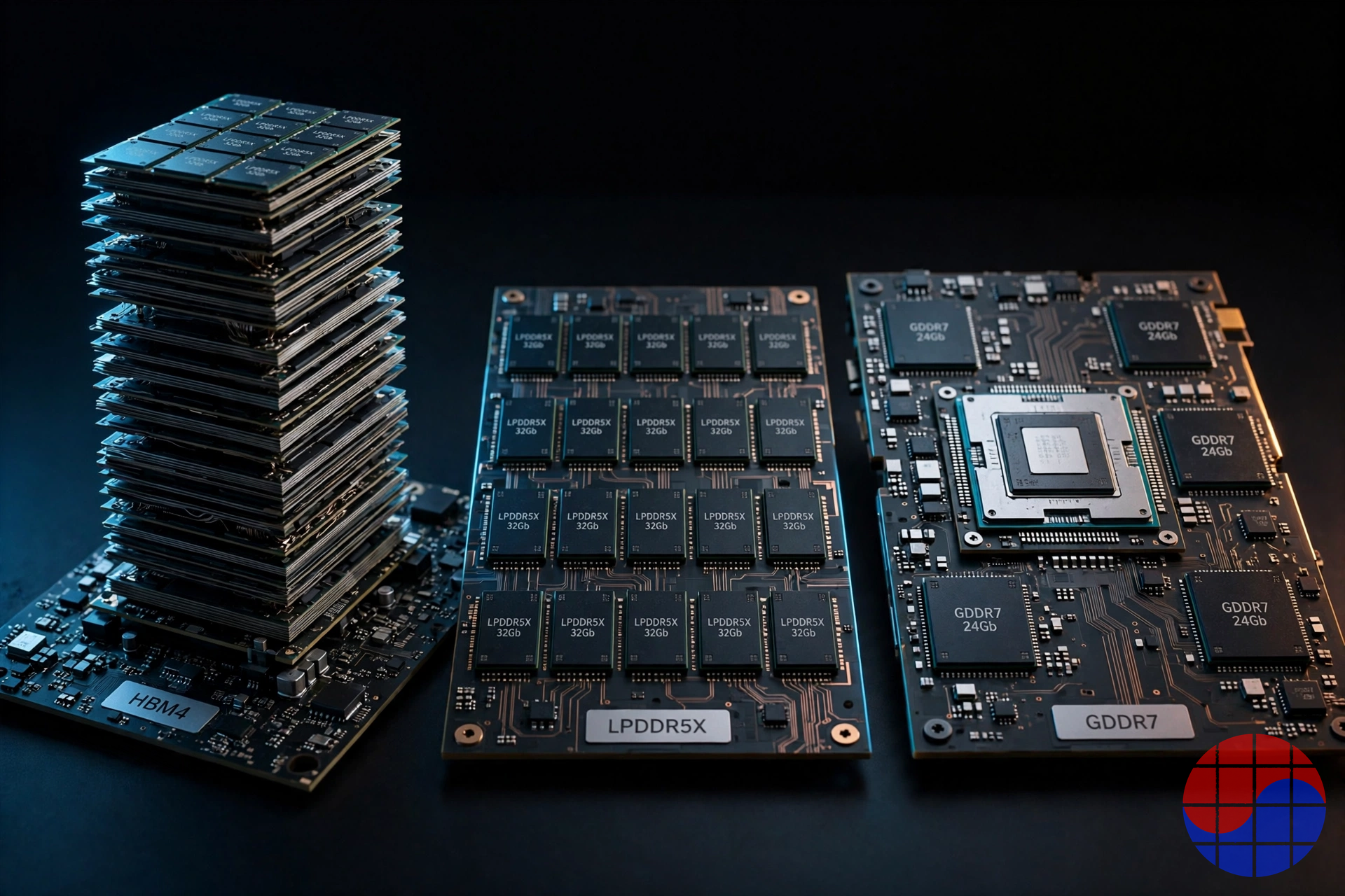 Comparison of an HBM4 stack, an LPDDR5X chip array and a GDDR7 board