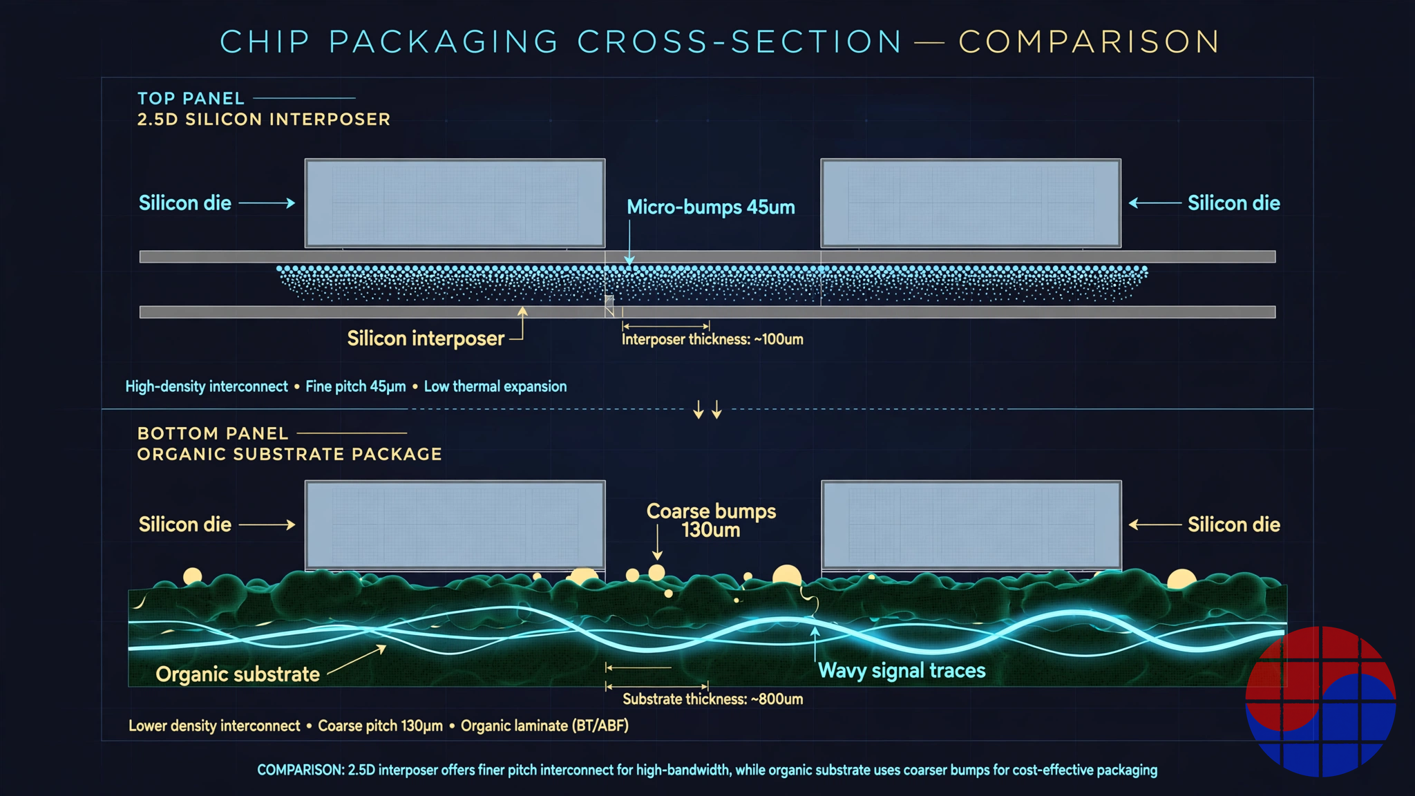 Cross-section diagram comparing chiplet packages on organic substrate and silicon interposer