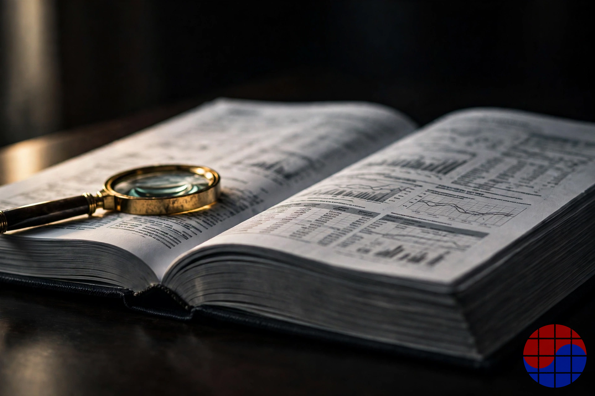 A thick securities filing document with a magnifying glass