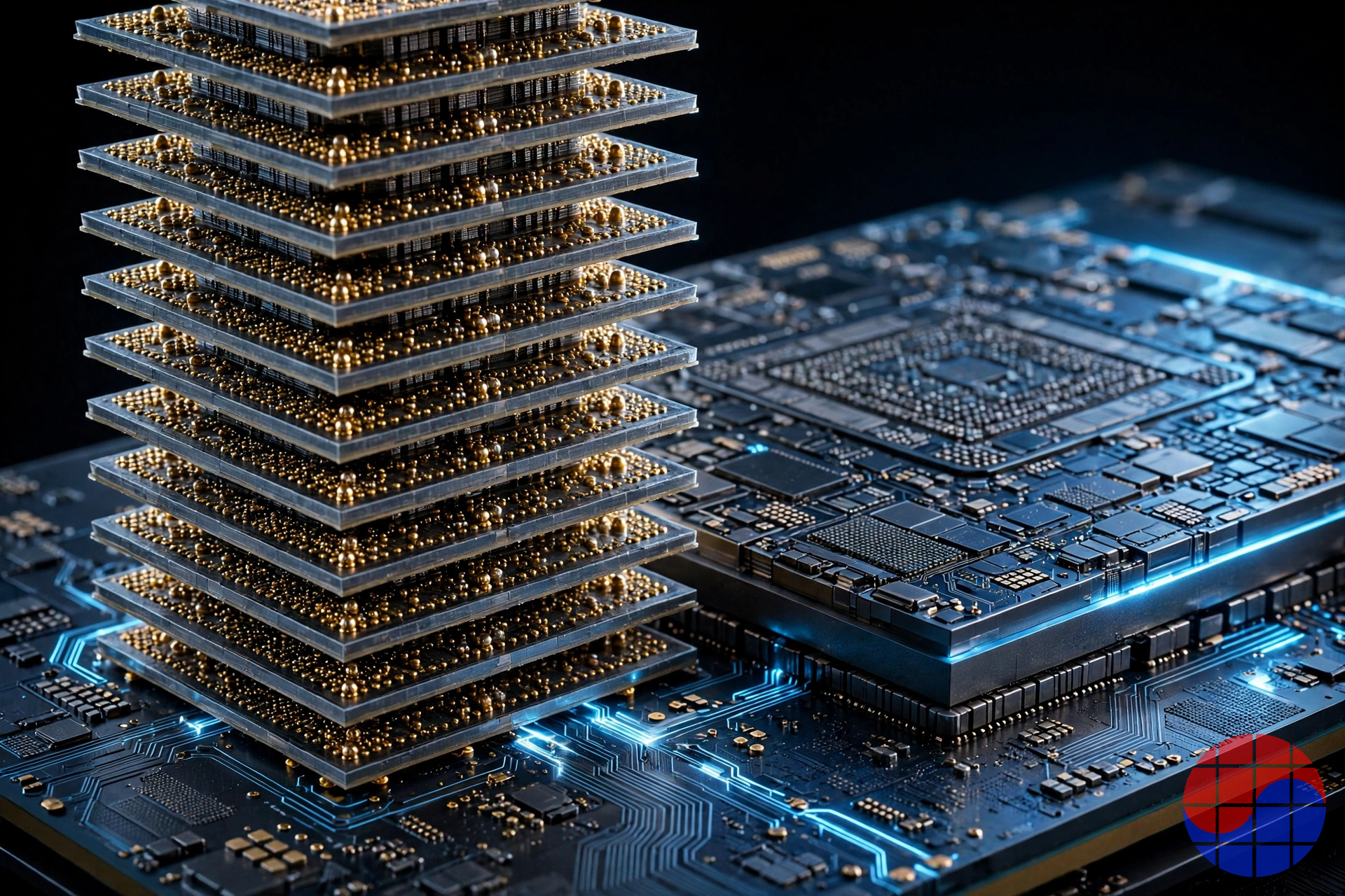 An HBM memory stack beside a processor die on an interposer