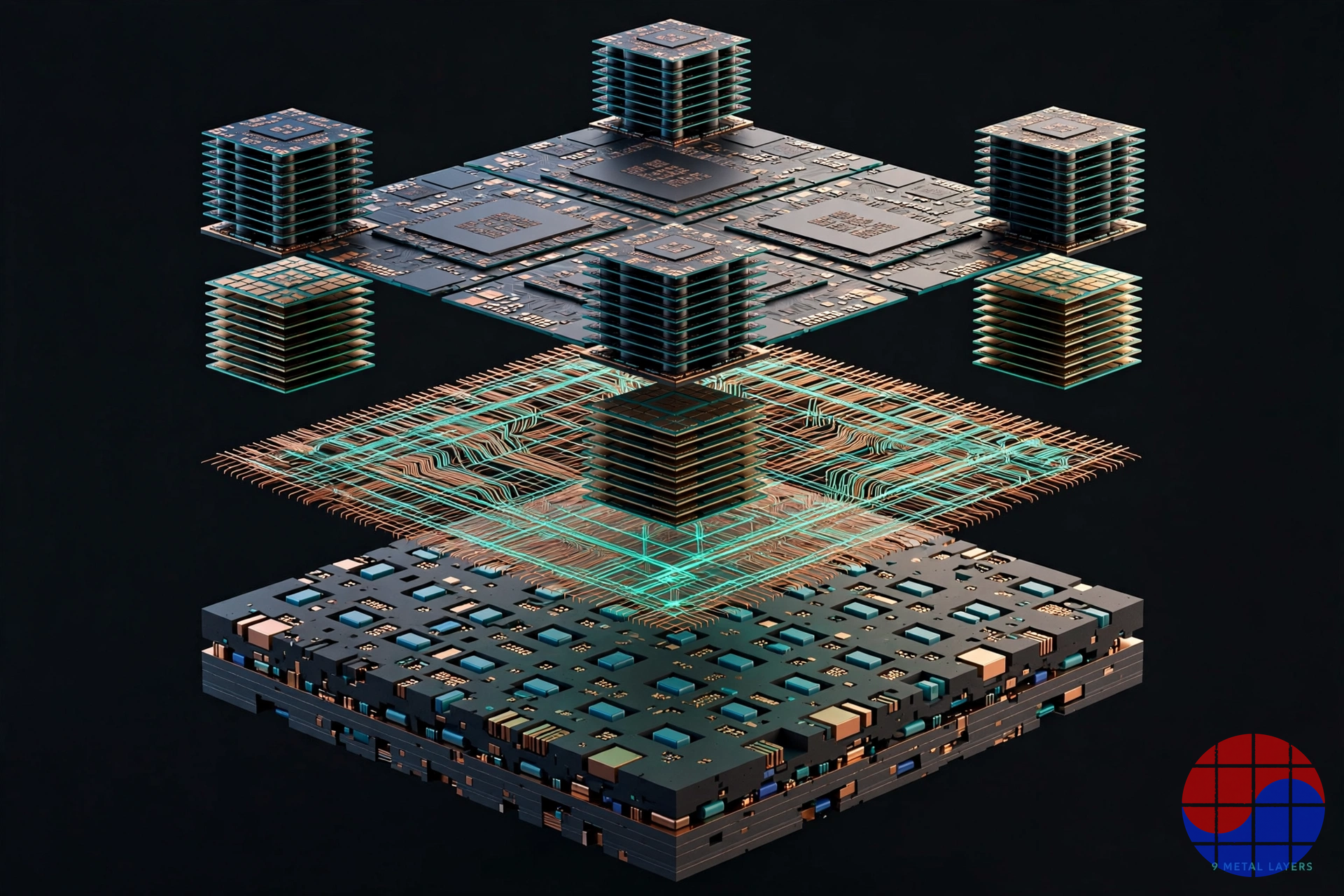 Exploded view of the Smart Substrate stack: chiplets and HBM on top, the fine-pitch interconnect fabric in the middle, the substrate with embedded passives below — nine metal layers in the evaluation design