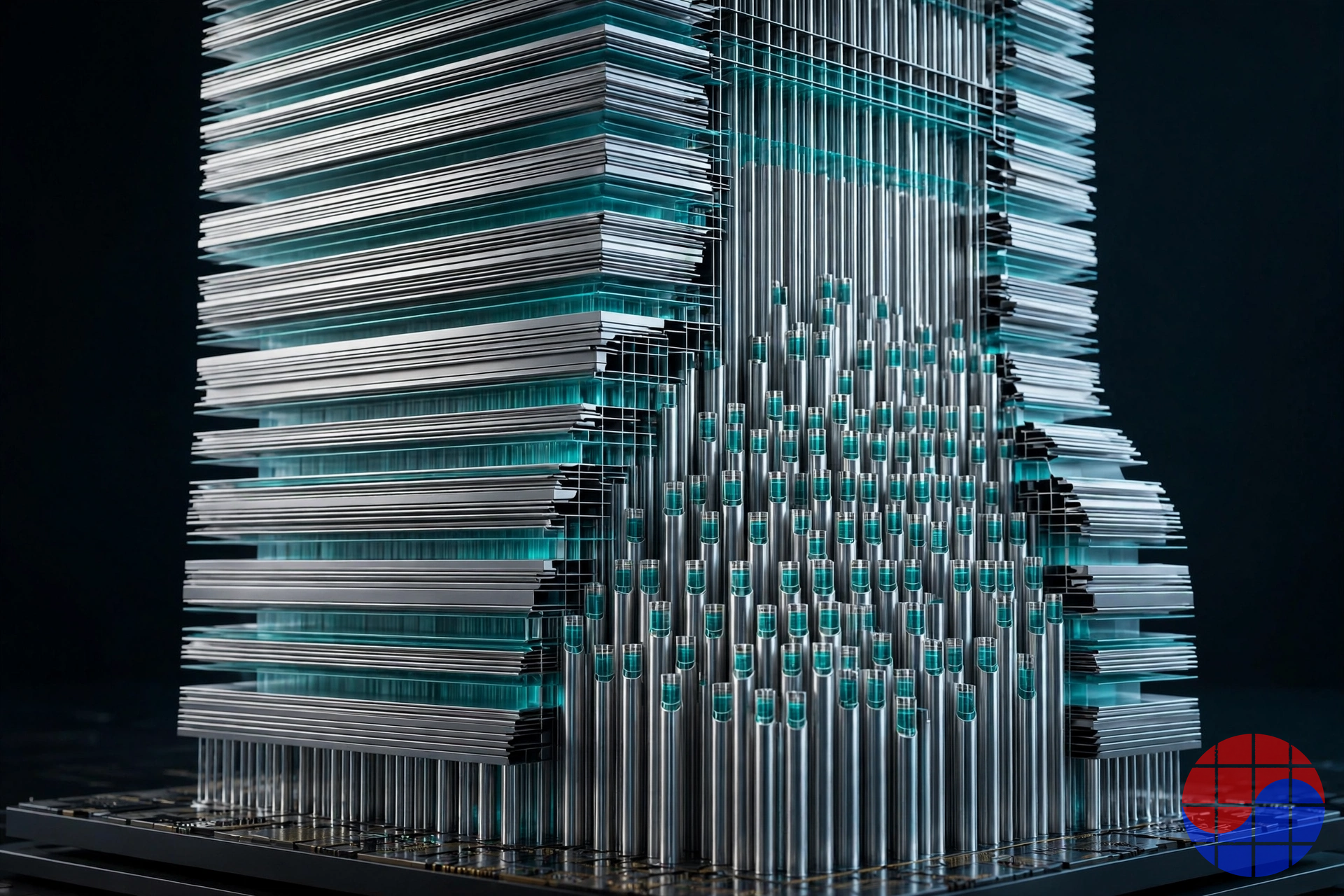 Representación conceptual de una estructura NAND 3D de cientos de capas con canales verticales