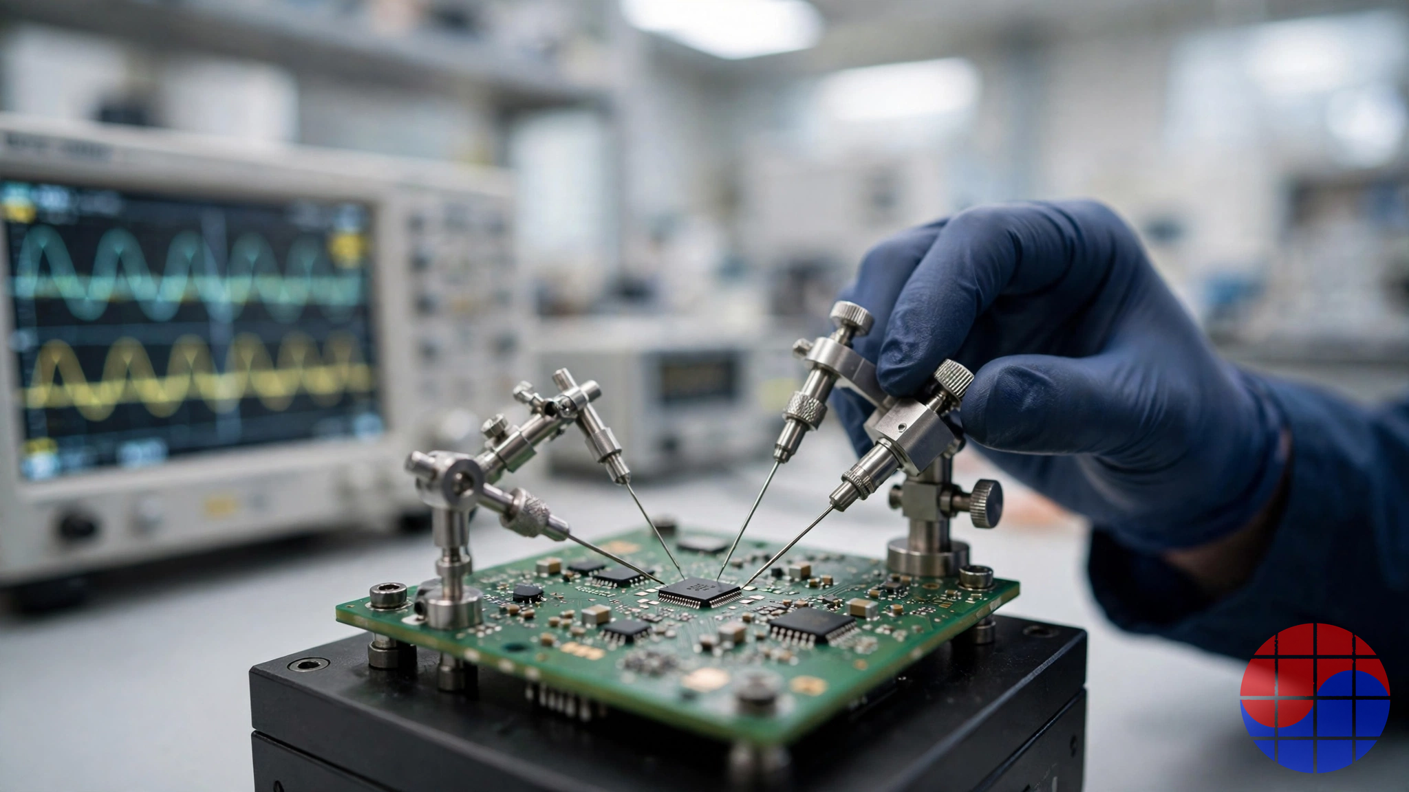Engineer probing a test chip on an evaluation board in a laboratory