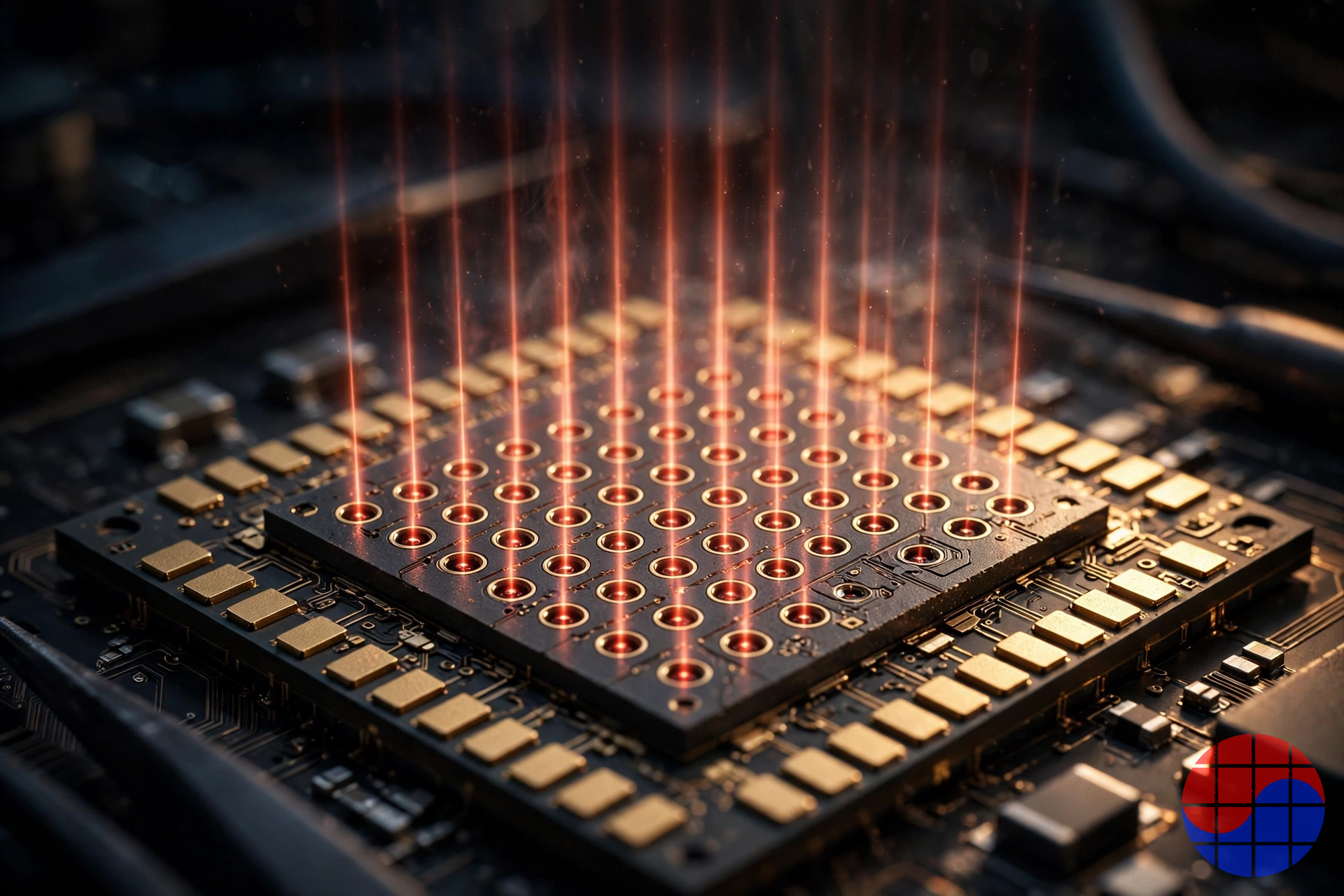 Close-up render of a 2D microVCSEL optical array chiplet