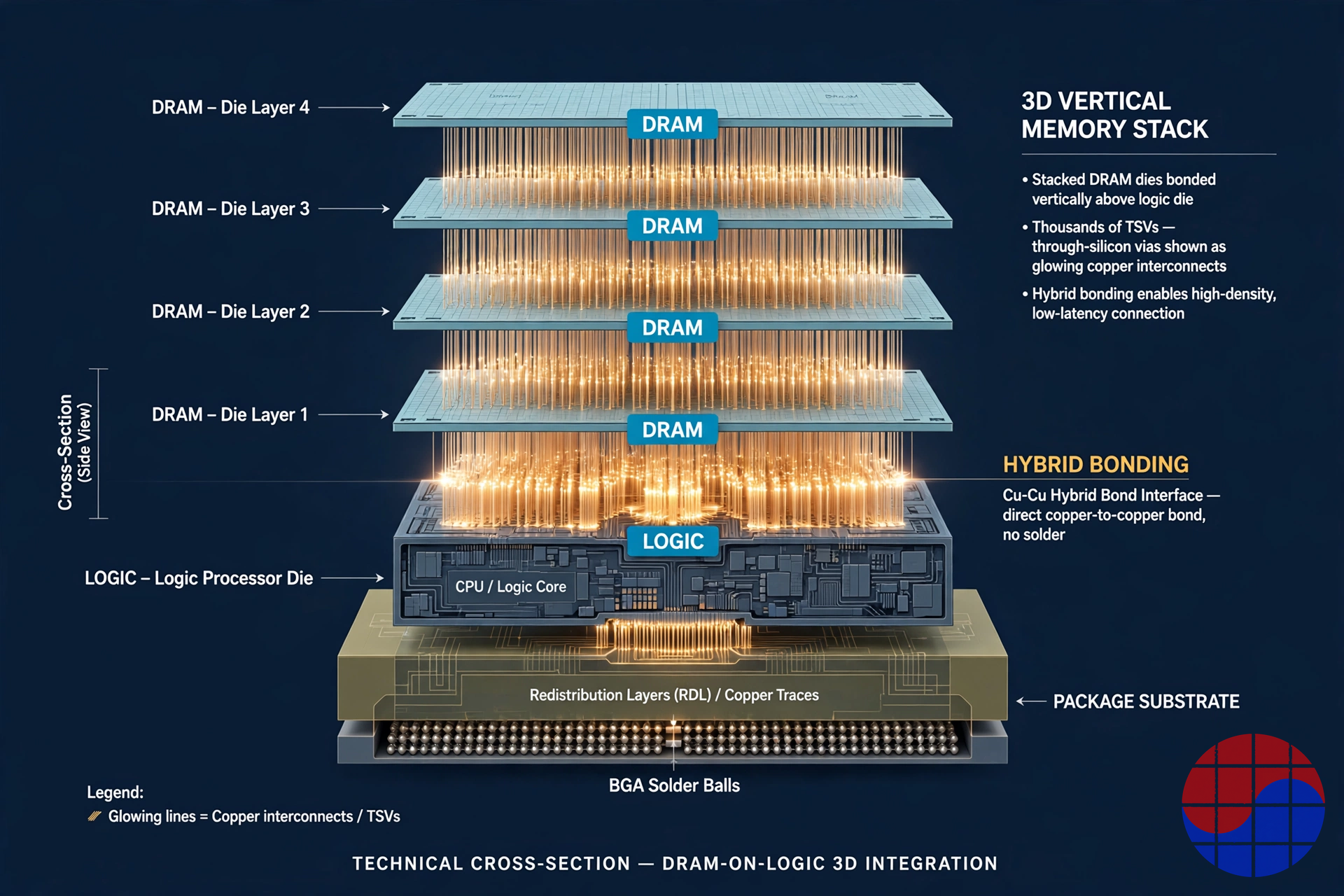 Diagrama en sección transversal de dies DRAM apilados sobre un die lógico con unión híbrida