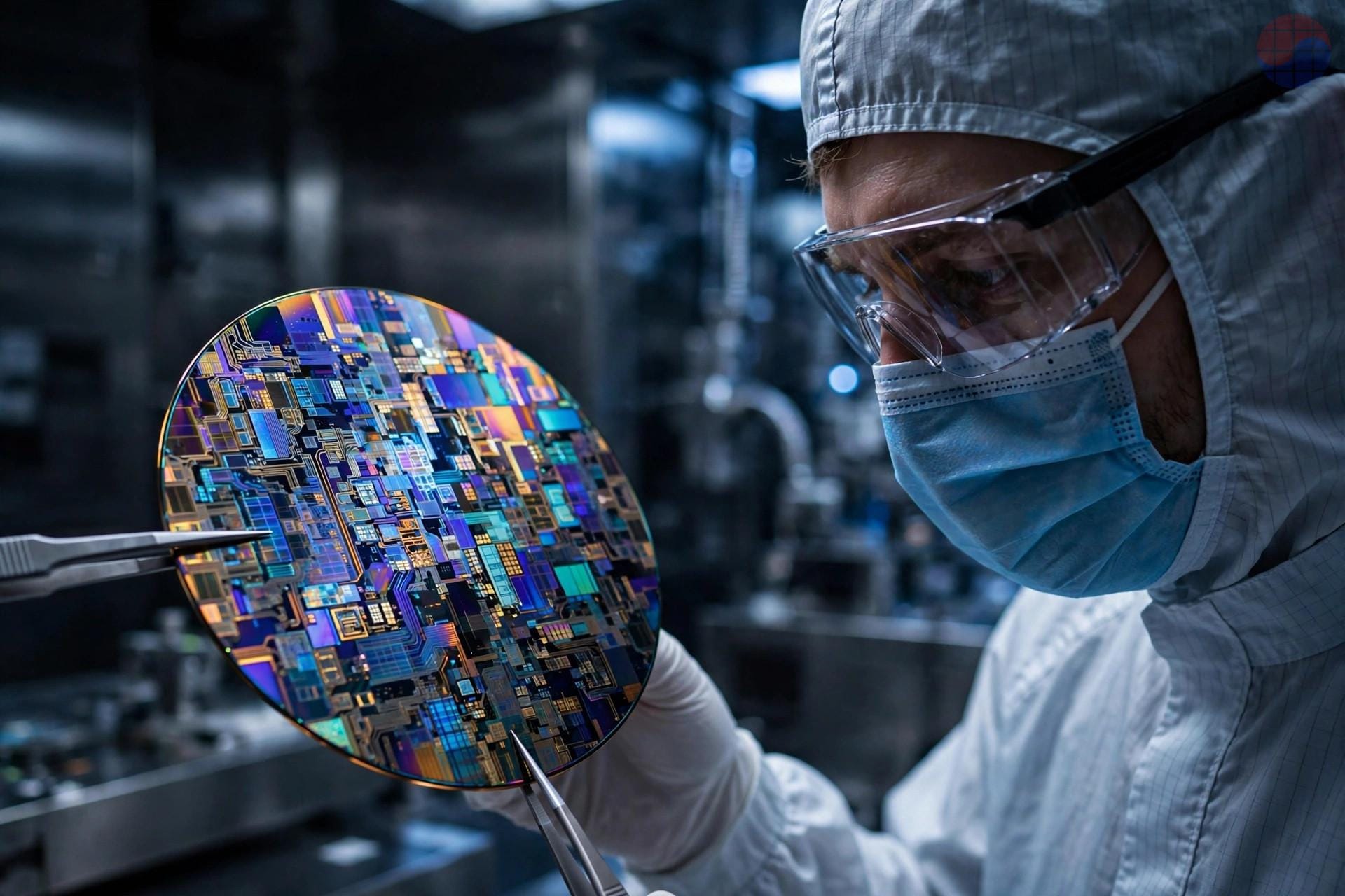 Un ingeniero inspecciona una oblea de 2nm en una sala limpia: el 2nm fue el 8% de los ingresos por obleas en el T3 2026. Source: TSMC Q3 2026 earnings (Oct 15, 2026)