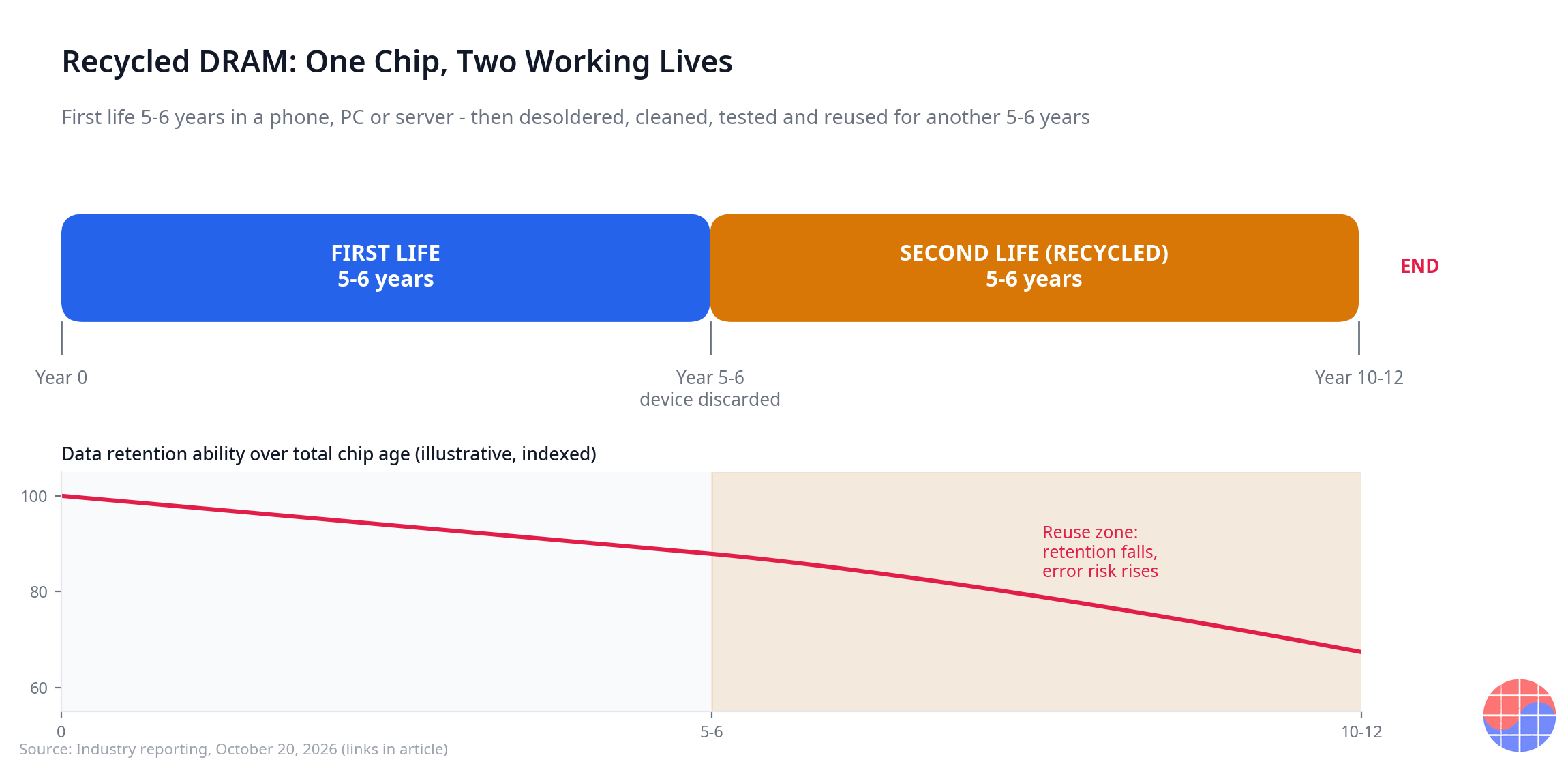 Recycled DRAM lifetime: first life 5-6 years plus second life 5-6 years, 10-12 years total, with retention declining in the reuse zone